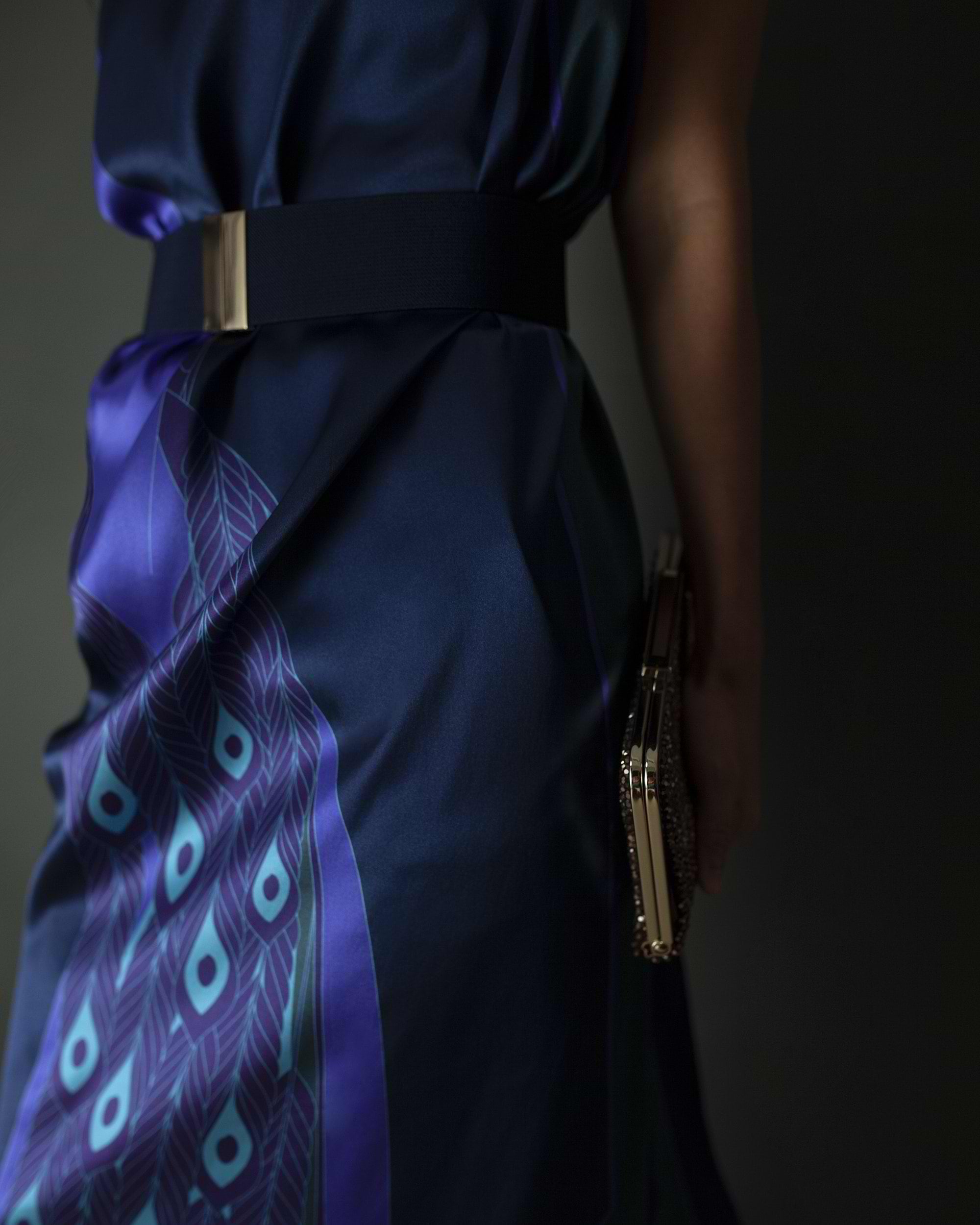 Dark sapphire peacock silk foulard 43"