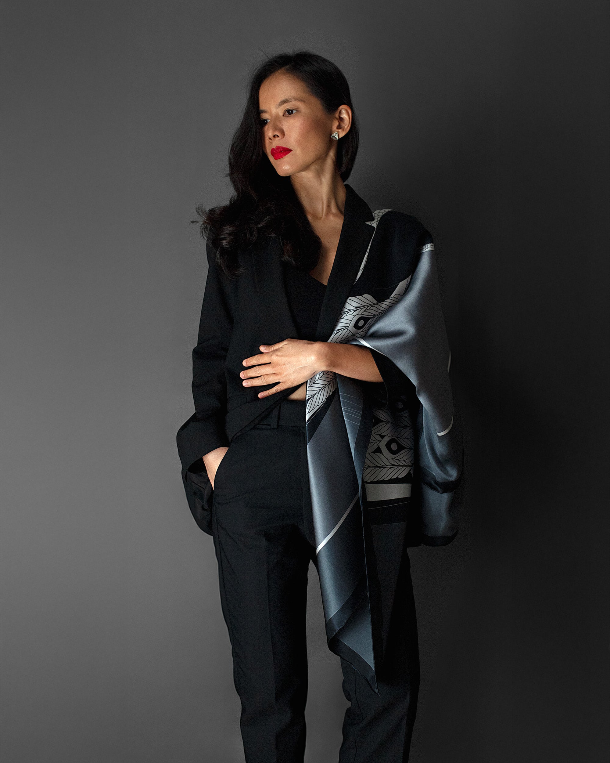 Steel grey peacock silk scarf | 43 in x 43 in
