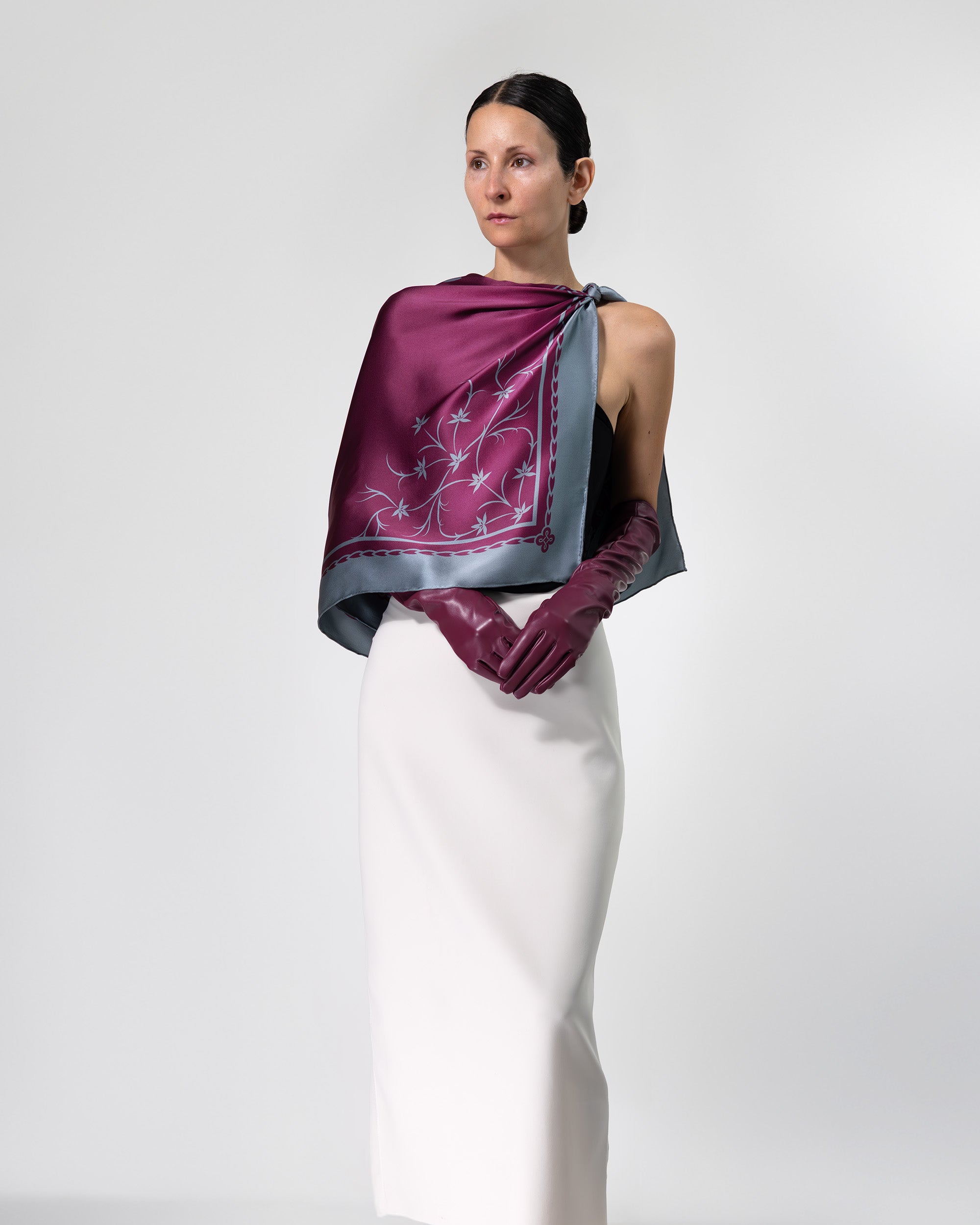 Amaranth purple ornamental silk scarf  | 43 x 43 in