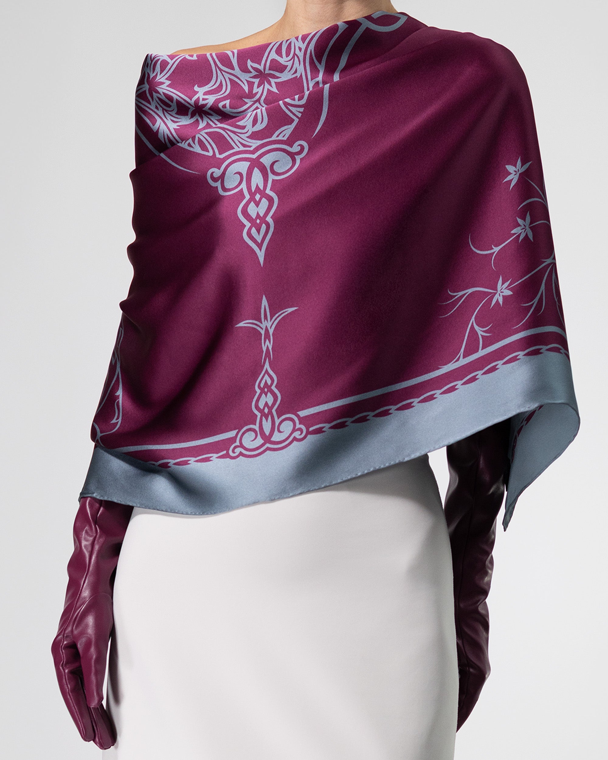 Amaranth purple ornamental silk scarf  | 43 x 43 in