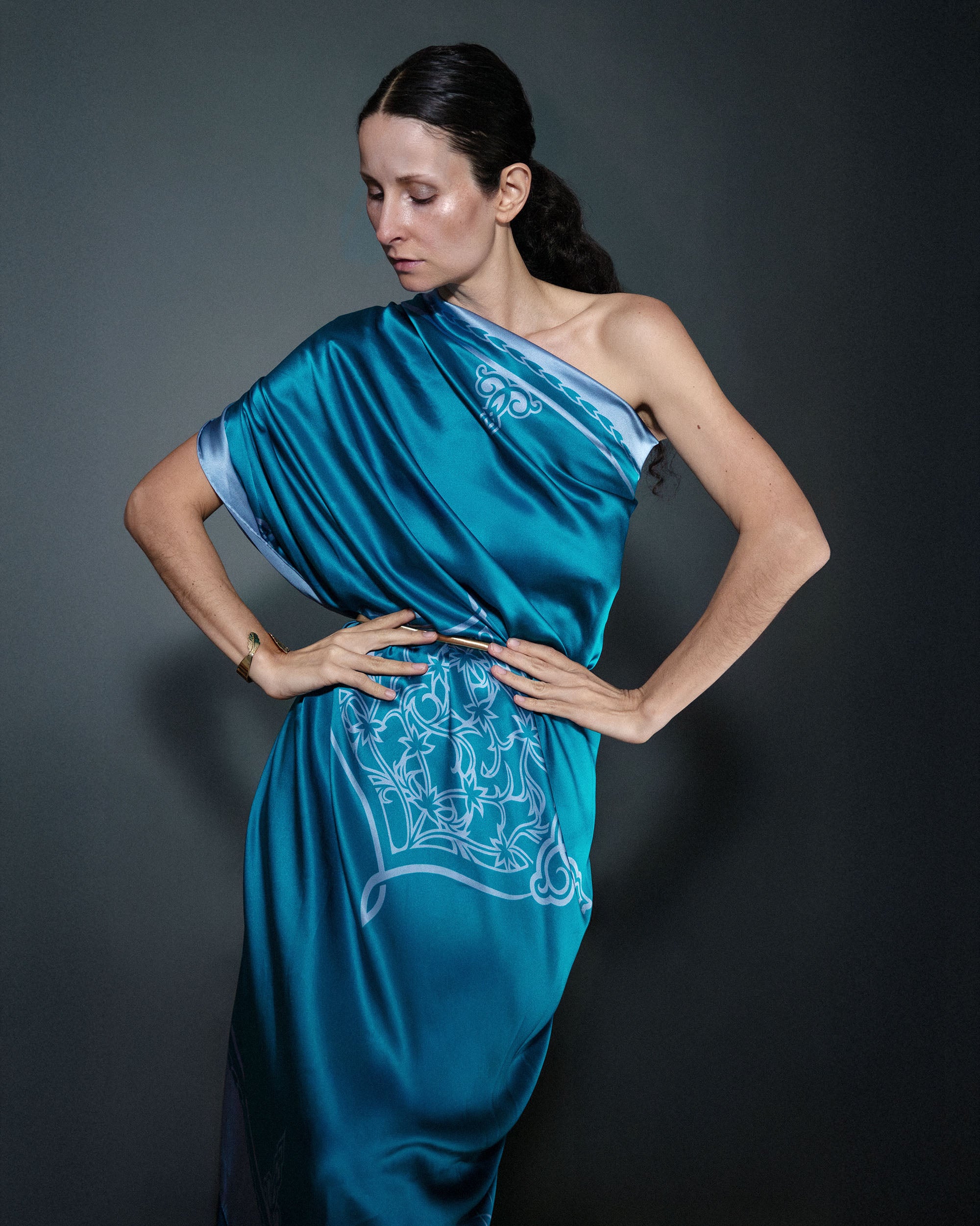 Aquamarine ornamental silk scarf | 55 x 55 in
