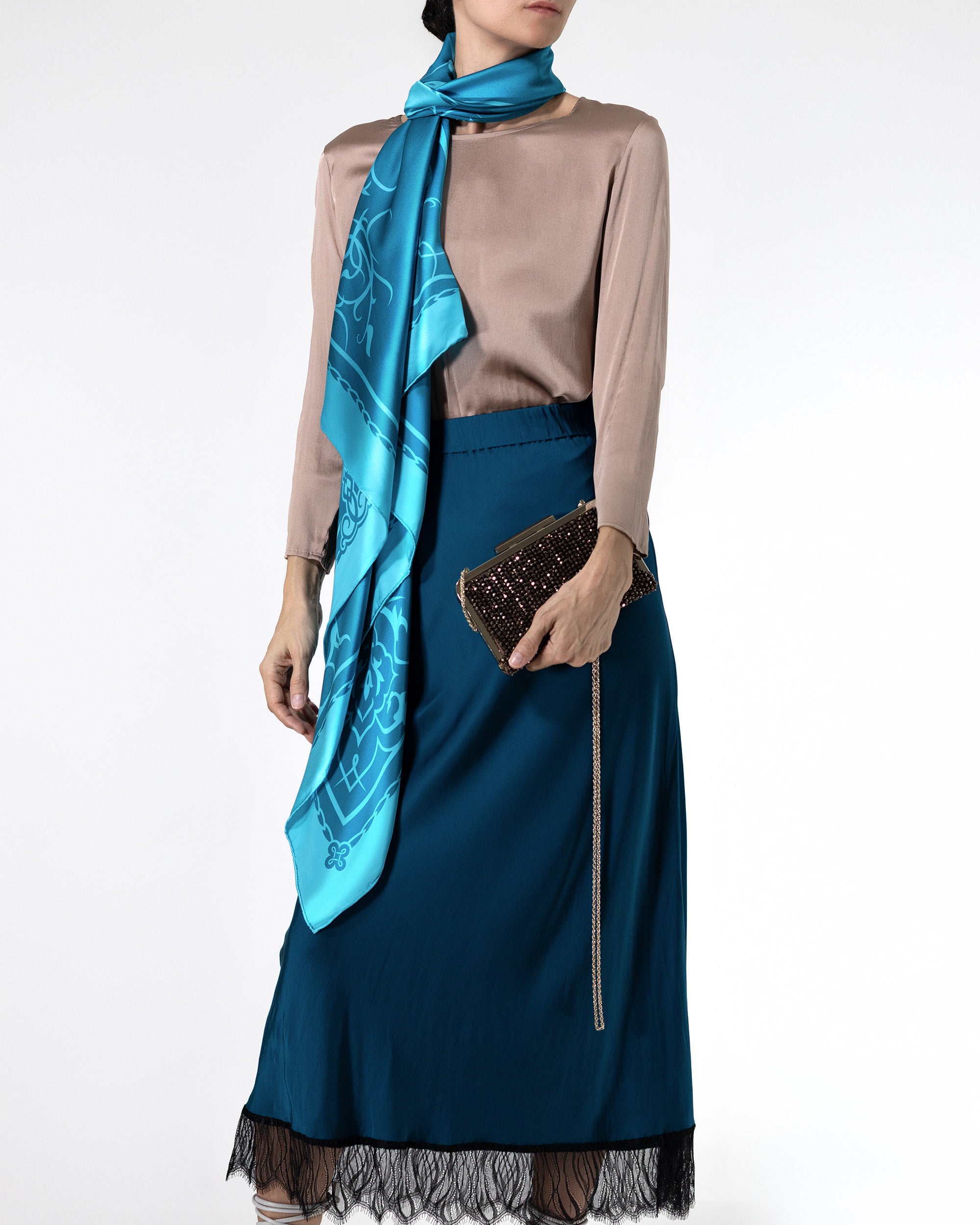 Arctic blue ornamental silk scarf 43 in x 43 in | RENTAL