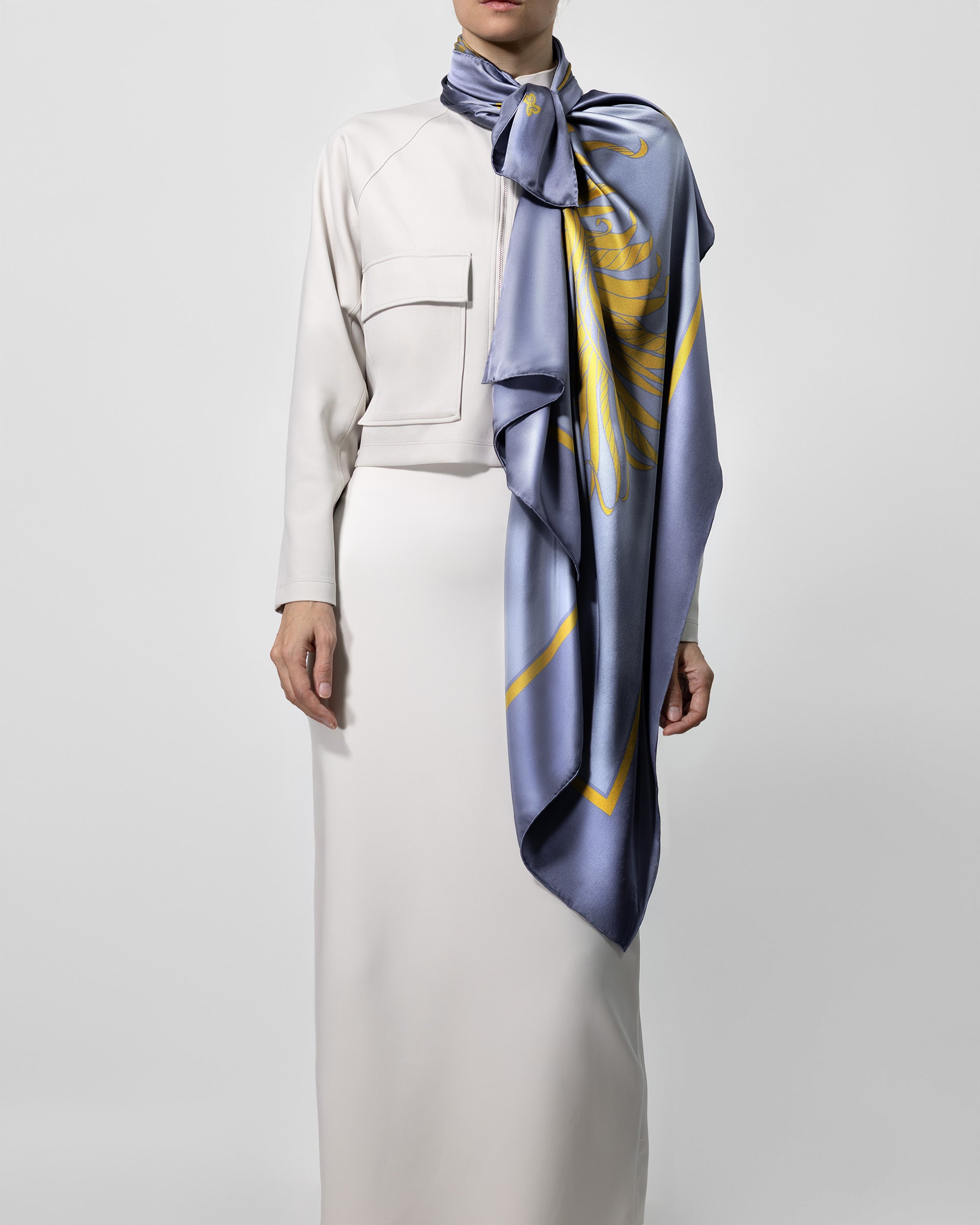 Graphite feather silk scarf | 43 x 43 in