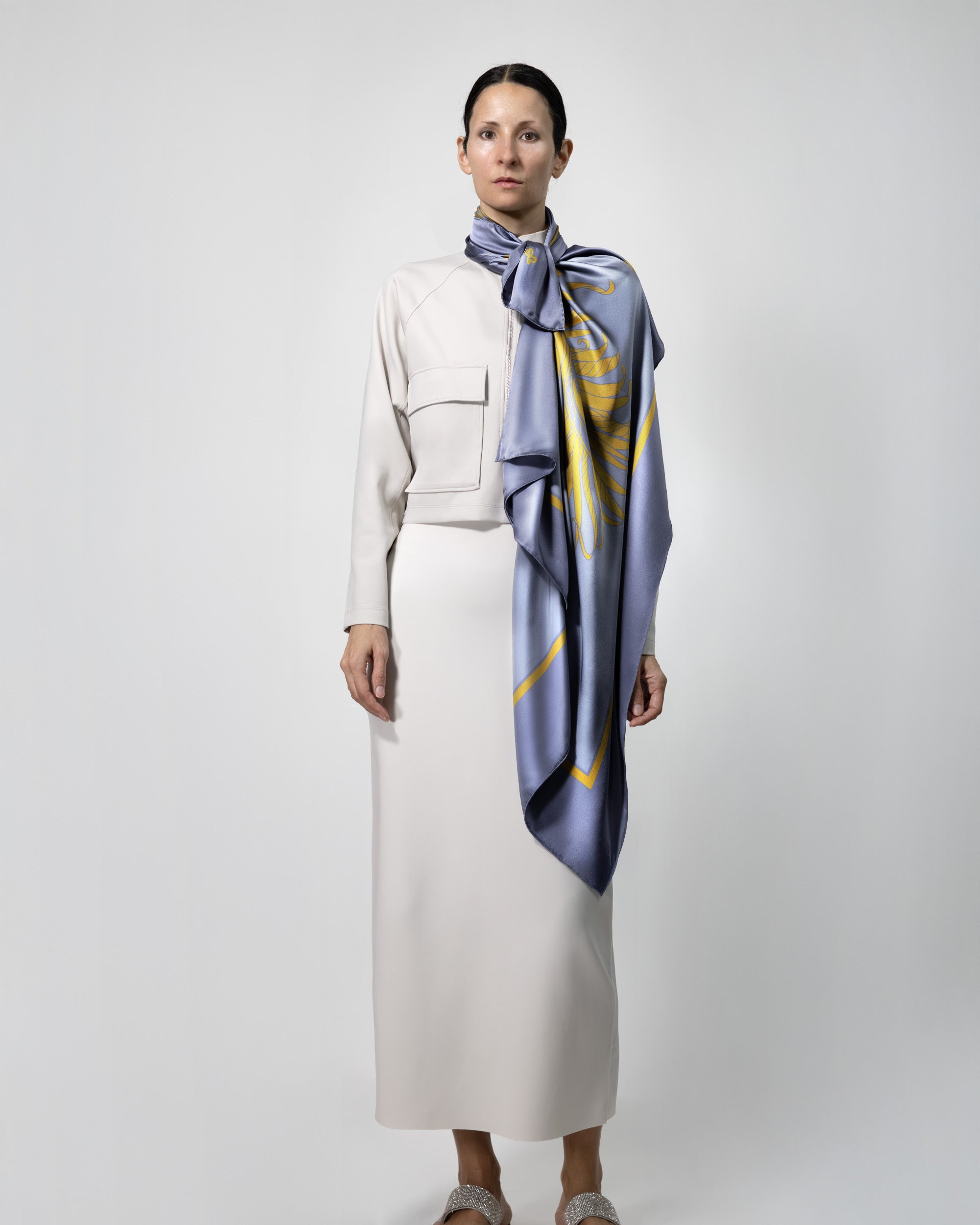 Graphite feather silk scarf | 43 x 43 in