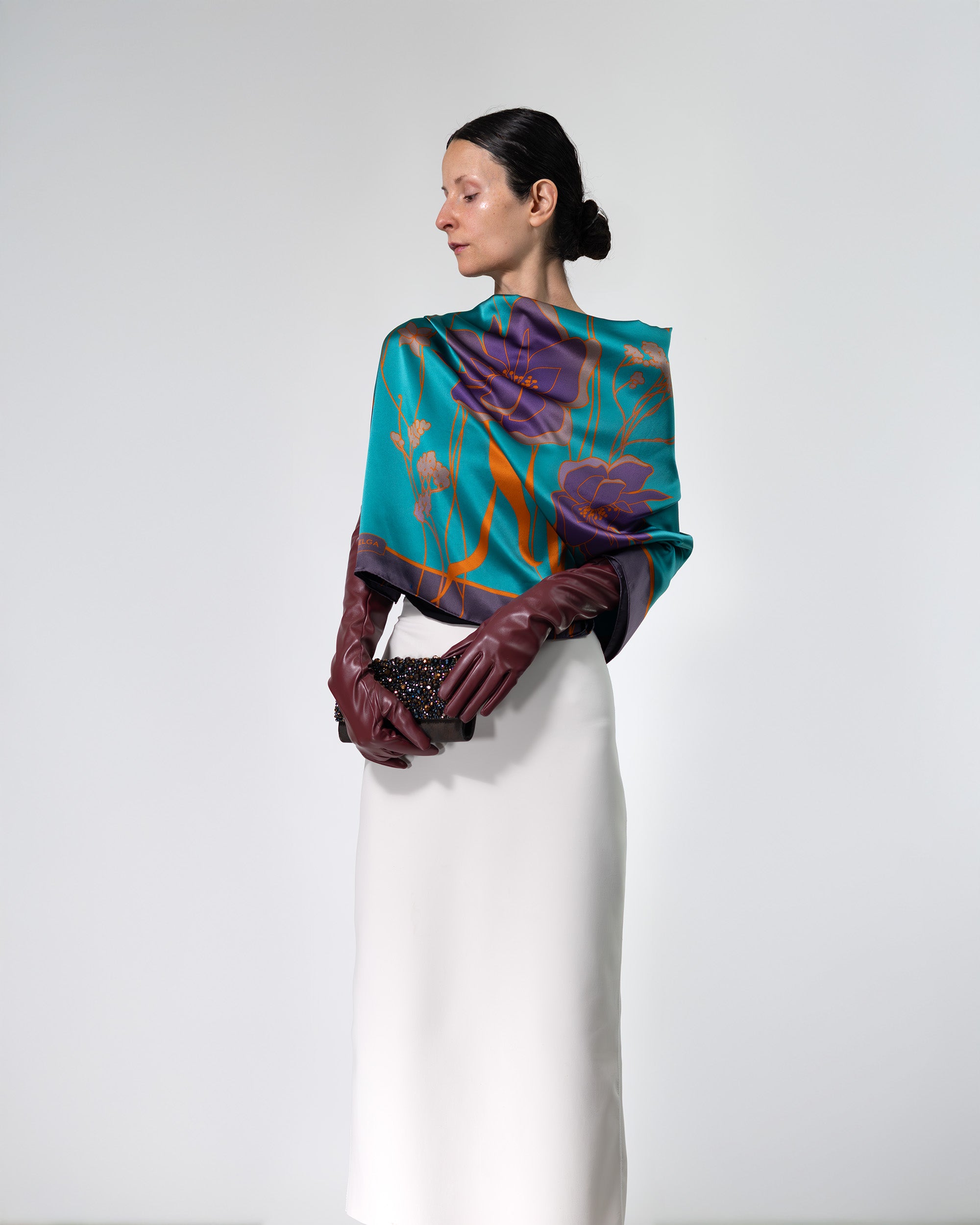 Pine green floral silk scarf | 43 x 43 in