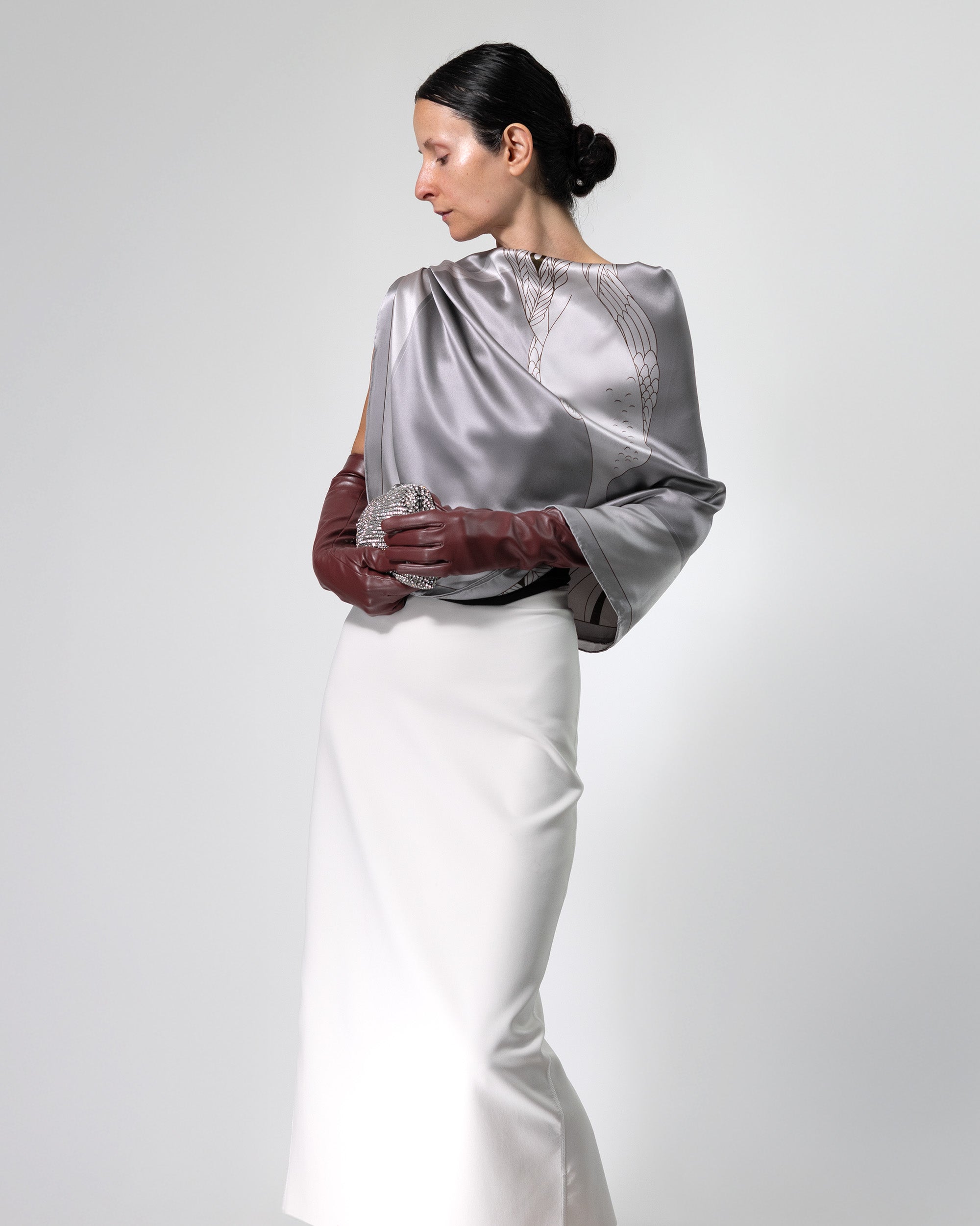 Platinum grey peacock silk scarf | 43 in x 43 in | RENTAL