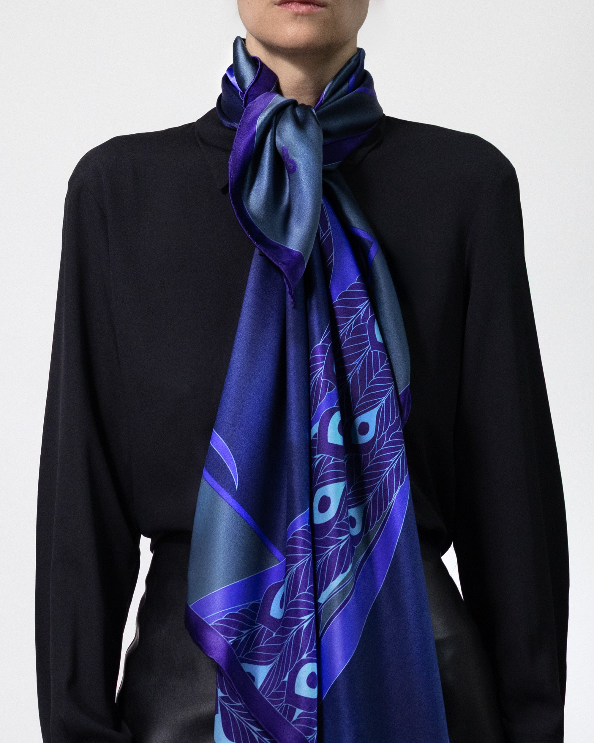 Dark sapphire peacock silk scarf | 43 x 43 in