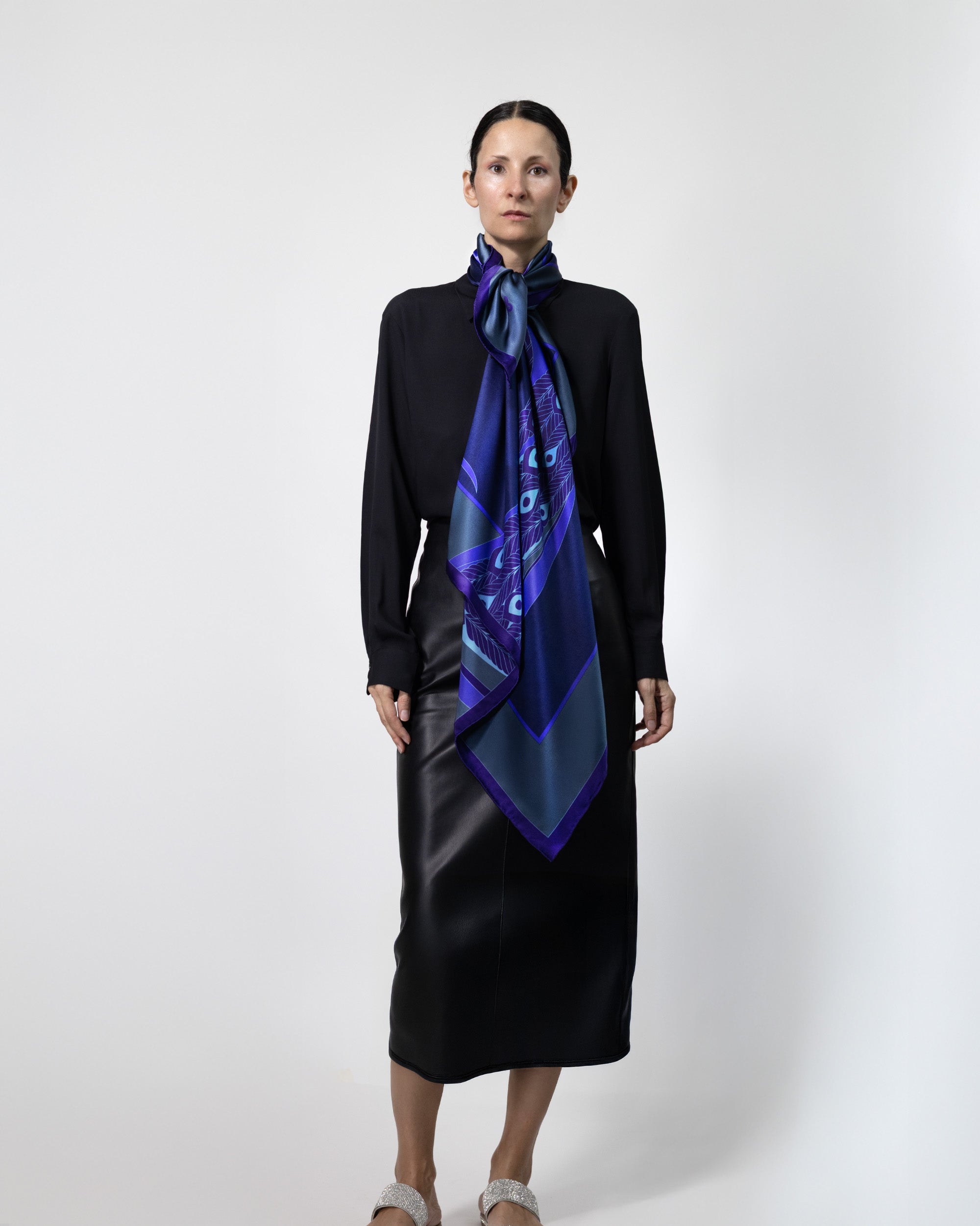 Dark sapphire peacock silk scarf | 43 x 43 in