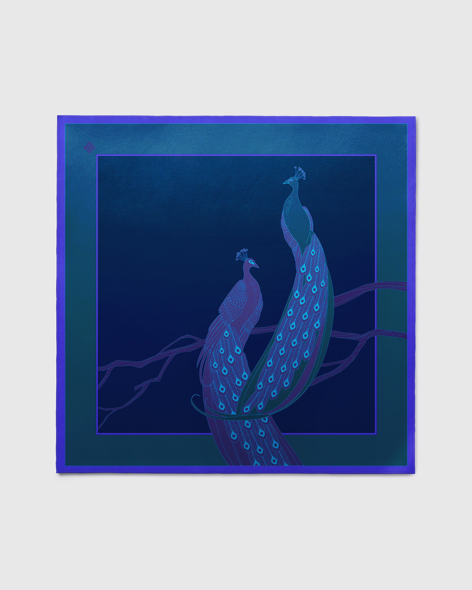 HELGA-DESIGN Premium Silk Satin Scarf, 55x55in | 135x135cm, with a unique peacock print in vibrant blue and green tones.