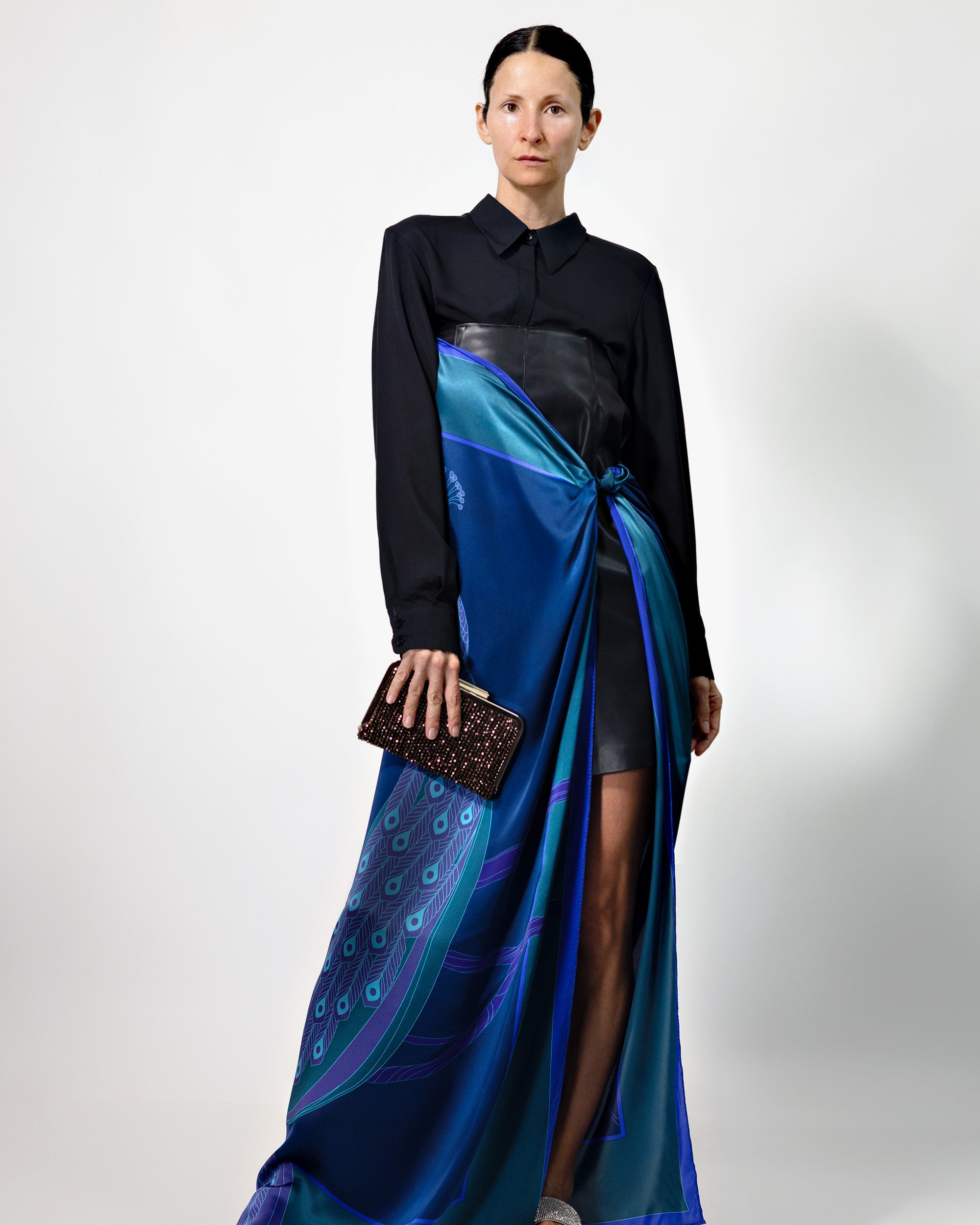 Dark sapphire peacock silk scarf | 55 x 55 in