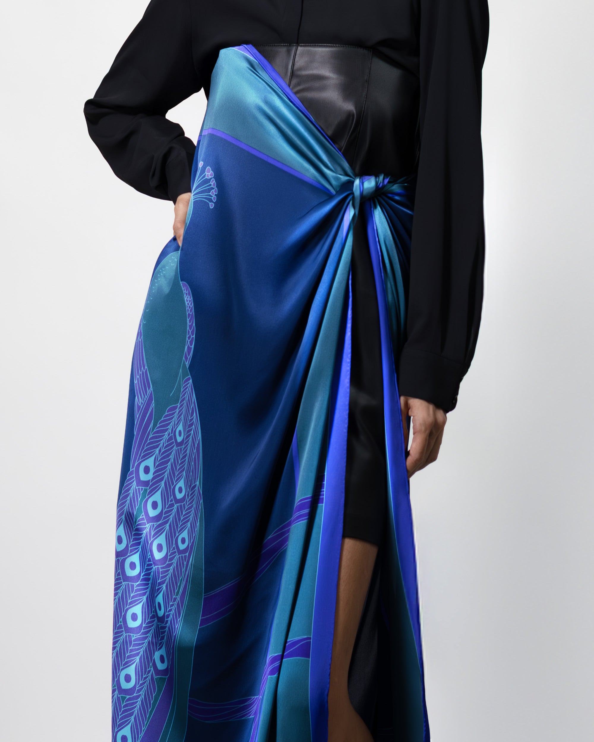 Dark sapphire peacock silk scarf | 55 in x 55 in | RENTAL