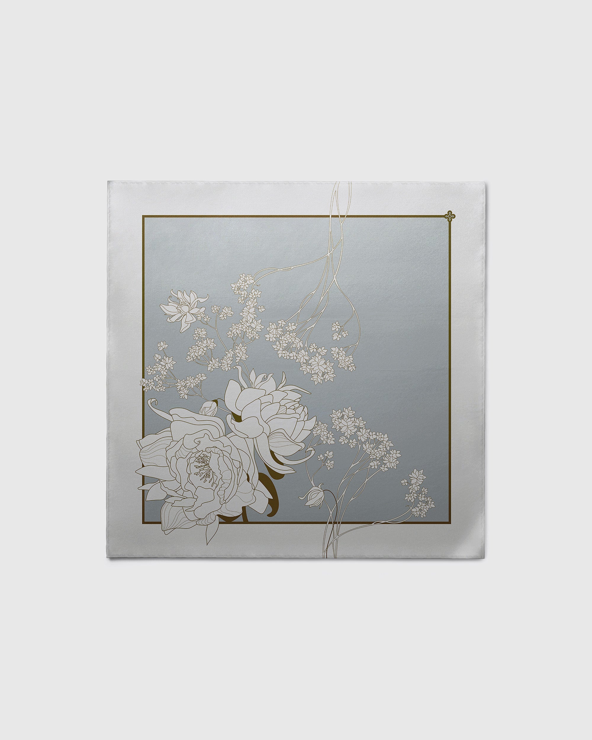 Floral design print with peonies on a pure natural silk scarf on a white background