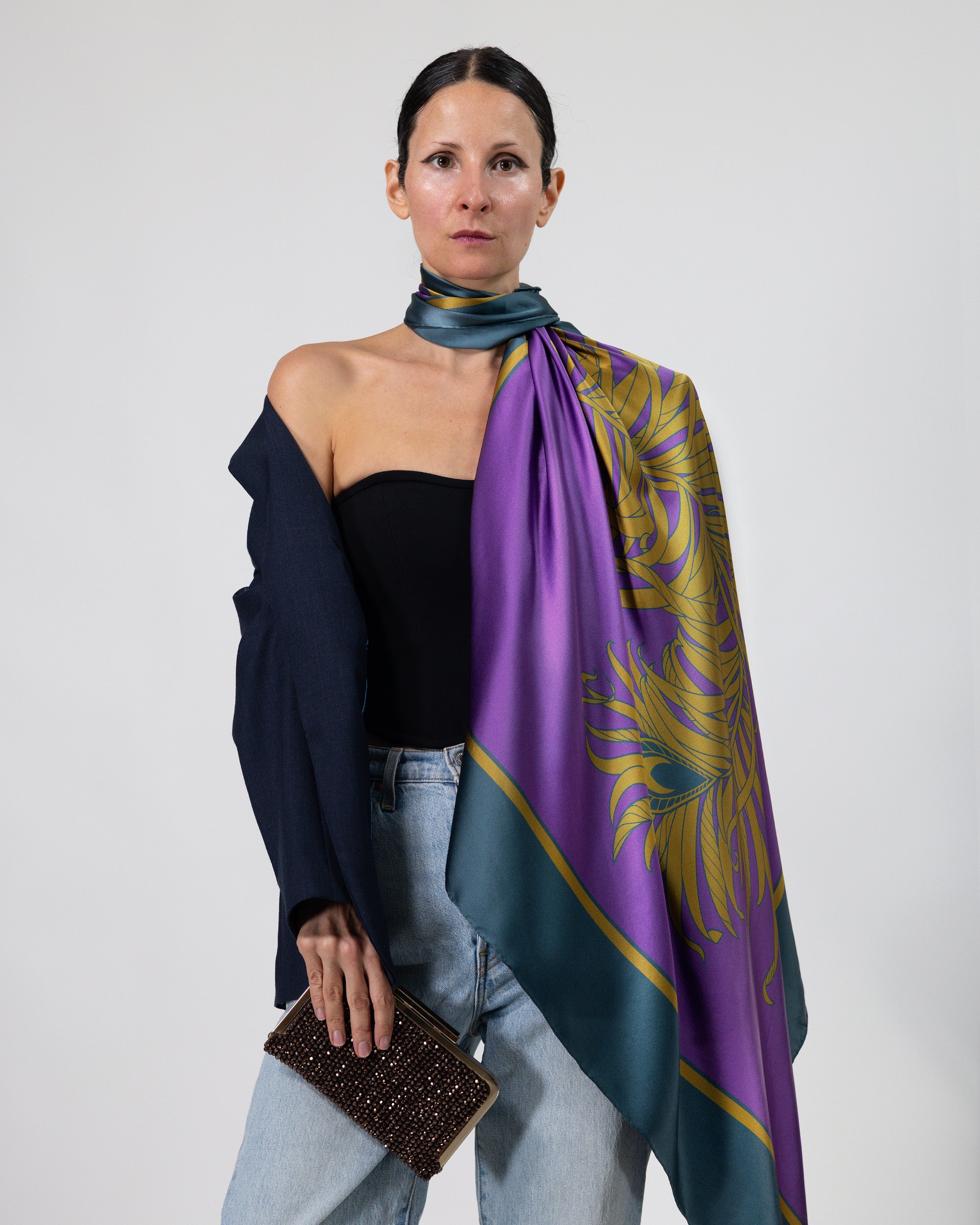 Imperial purple feather silk scarf | 43 x 43 in