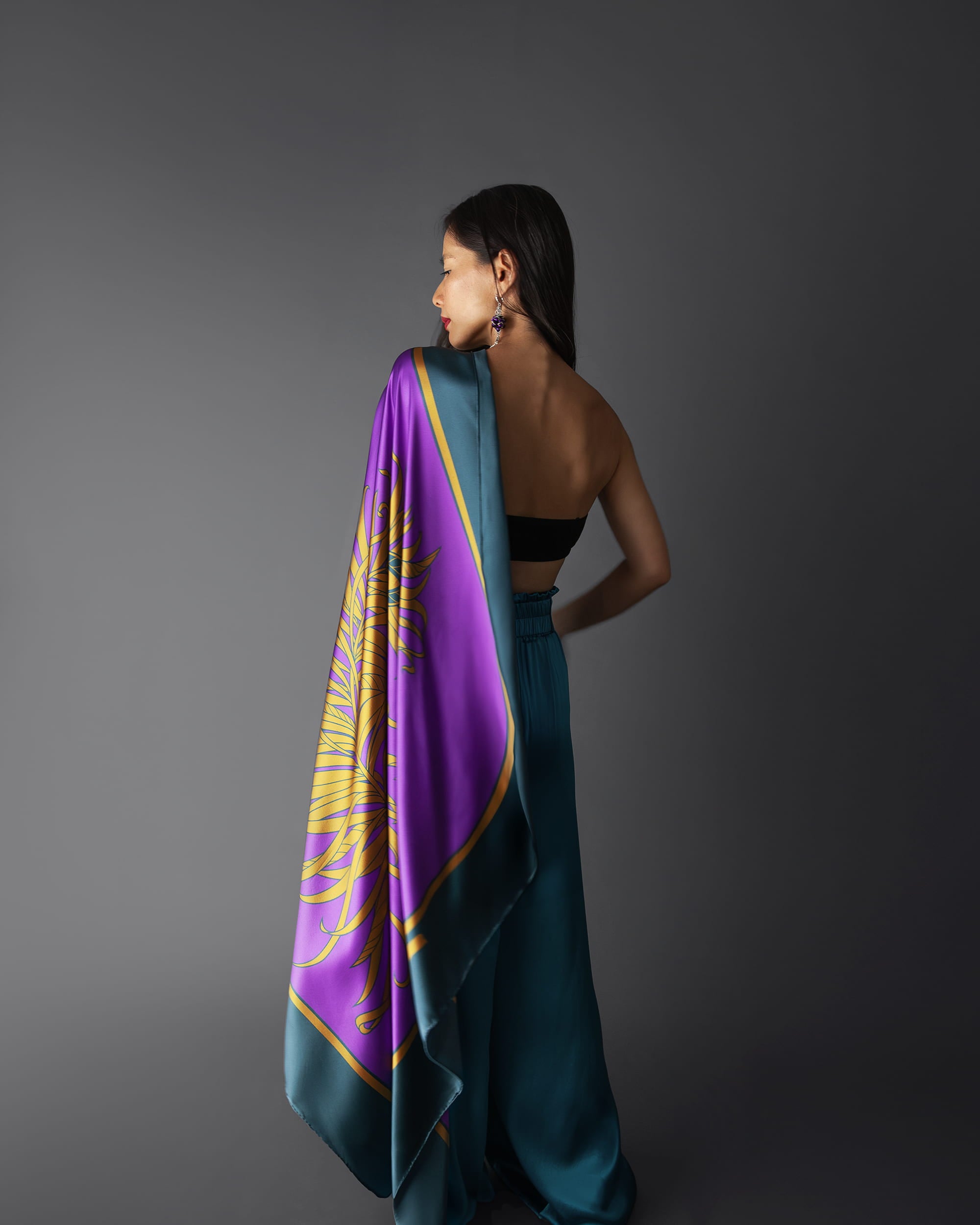 Imperial purple feather silk scarf | 43 in x 43 in | RENTAL