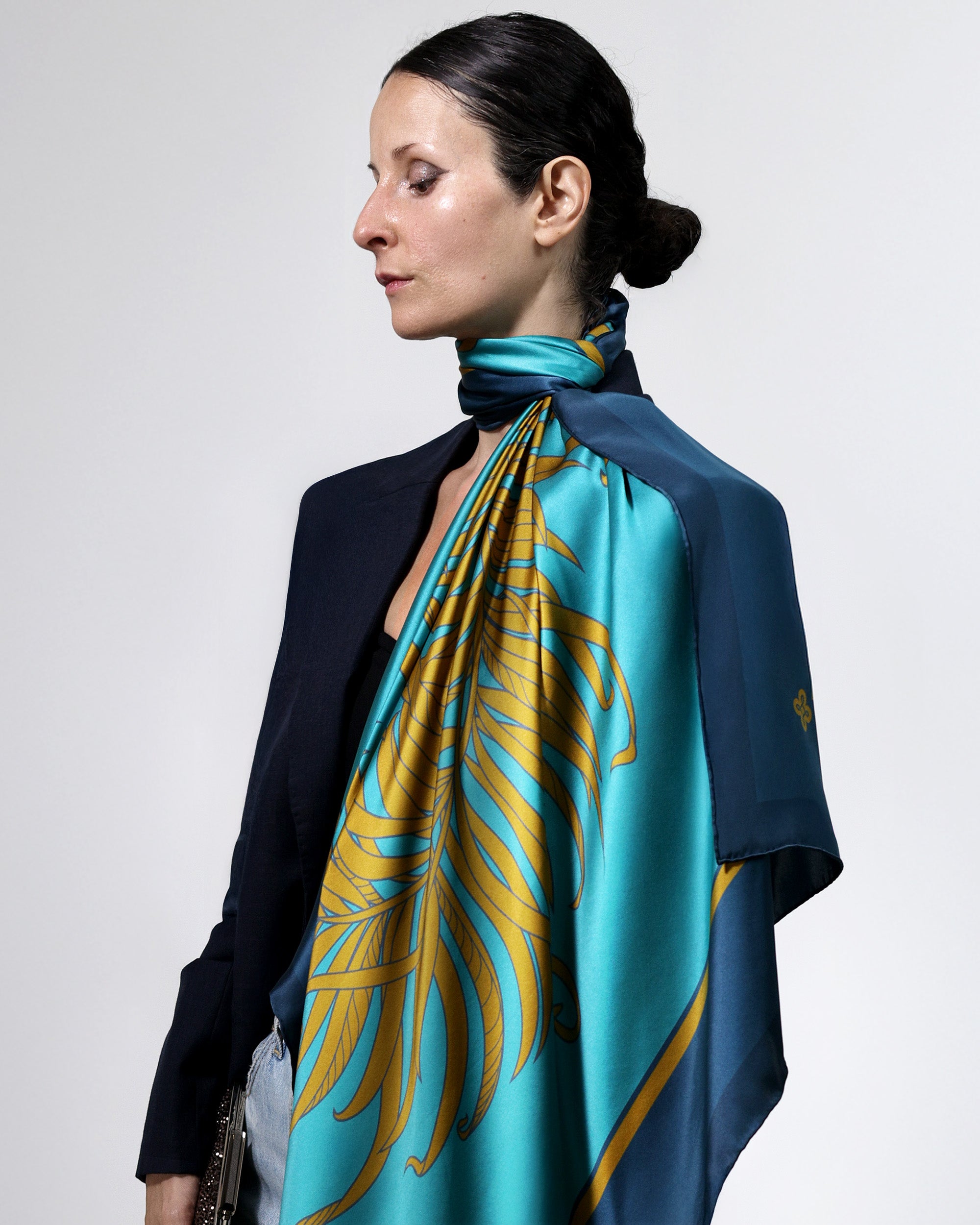 Mediterranean green feather silk scarf | 43 x 43 in