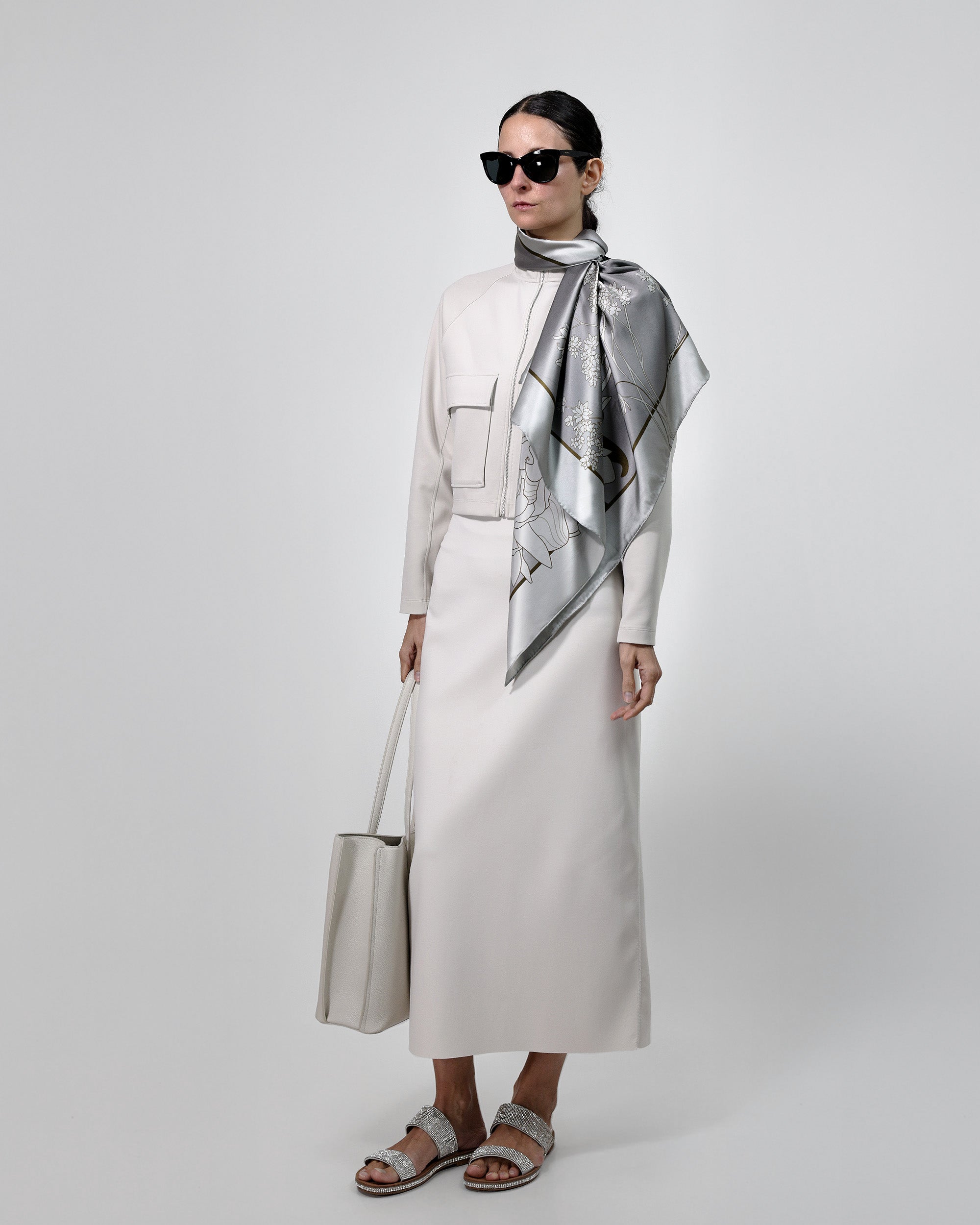 Silver floral silk scarf | 35 x 35 in