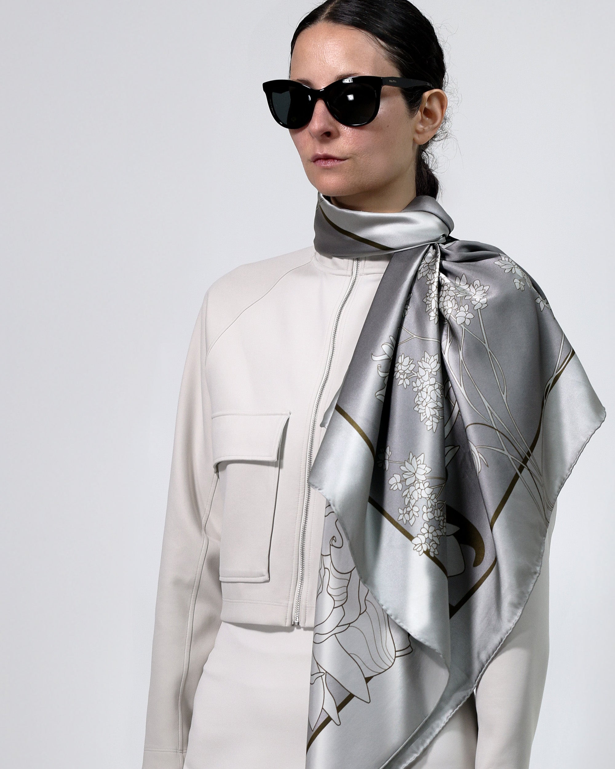 Silver floral silk scarf | 35 x 35 in