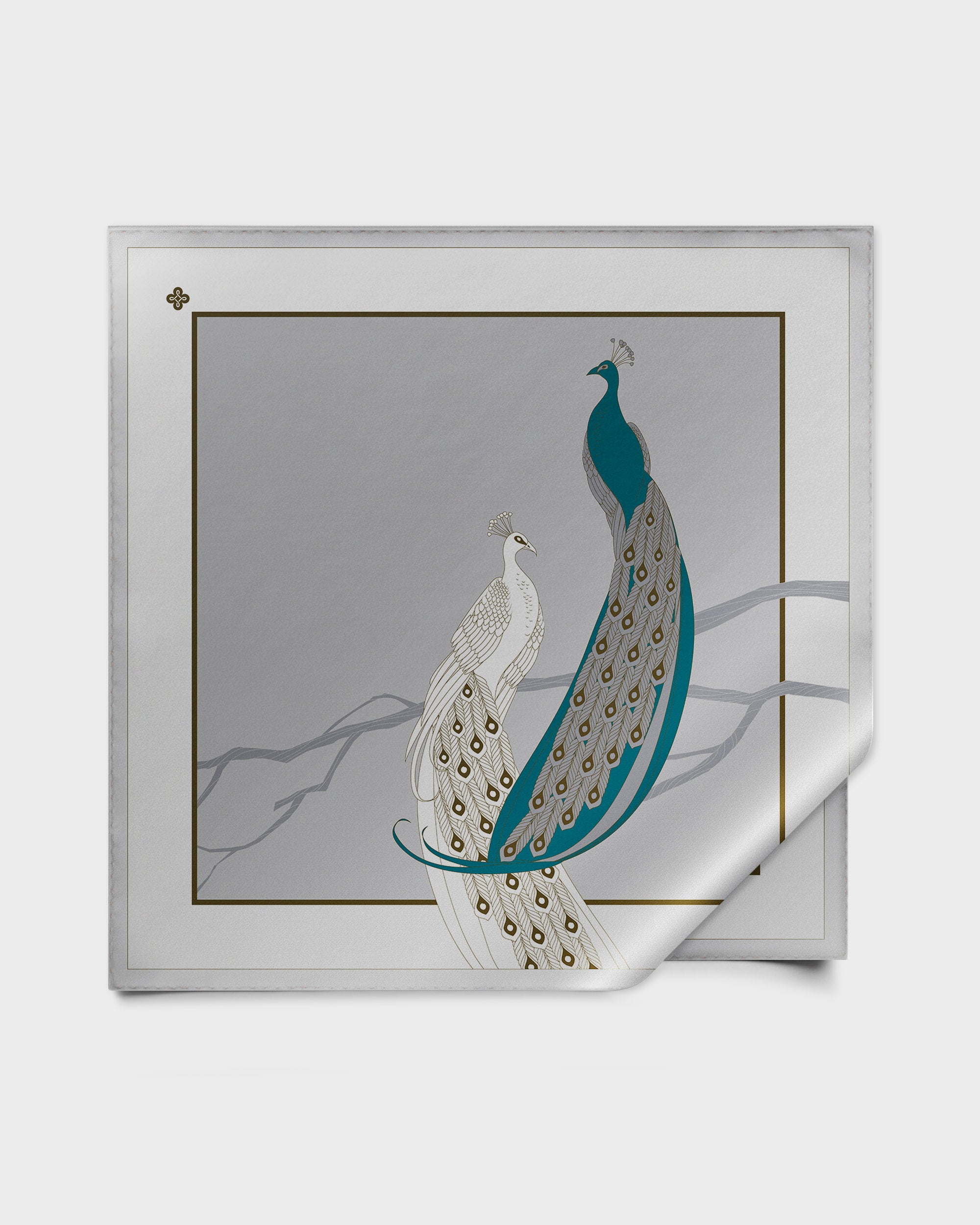 Platinum grey peacock silk foulard 55"