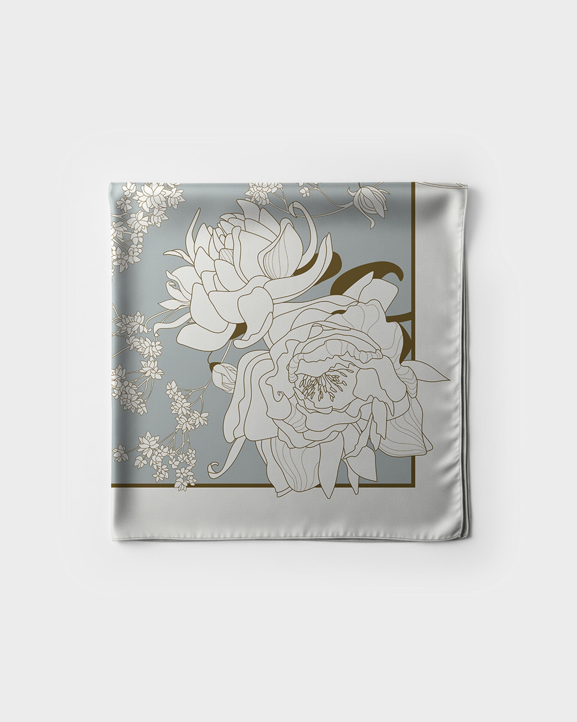 Floral design on a gray background with gold accents