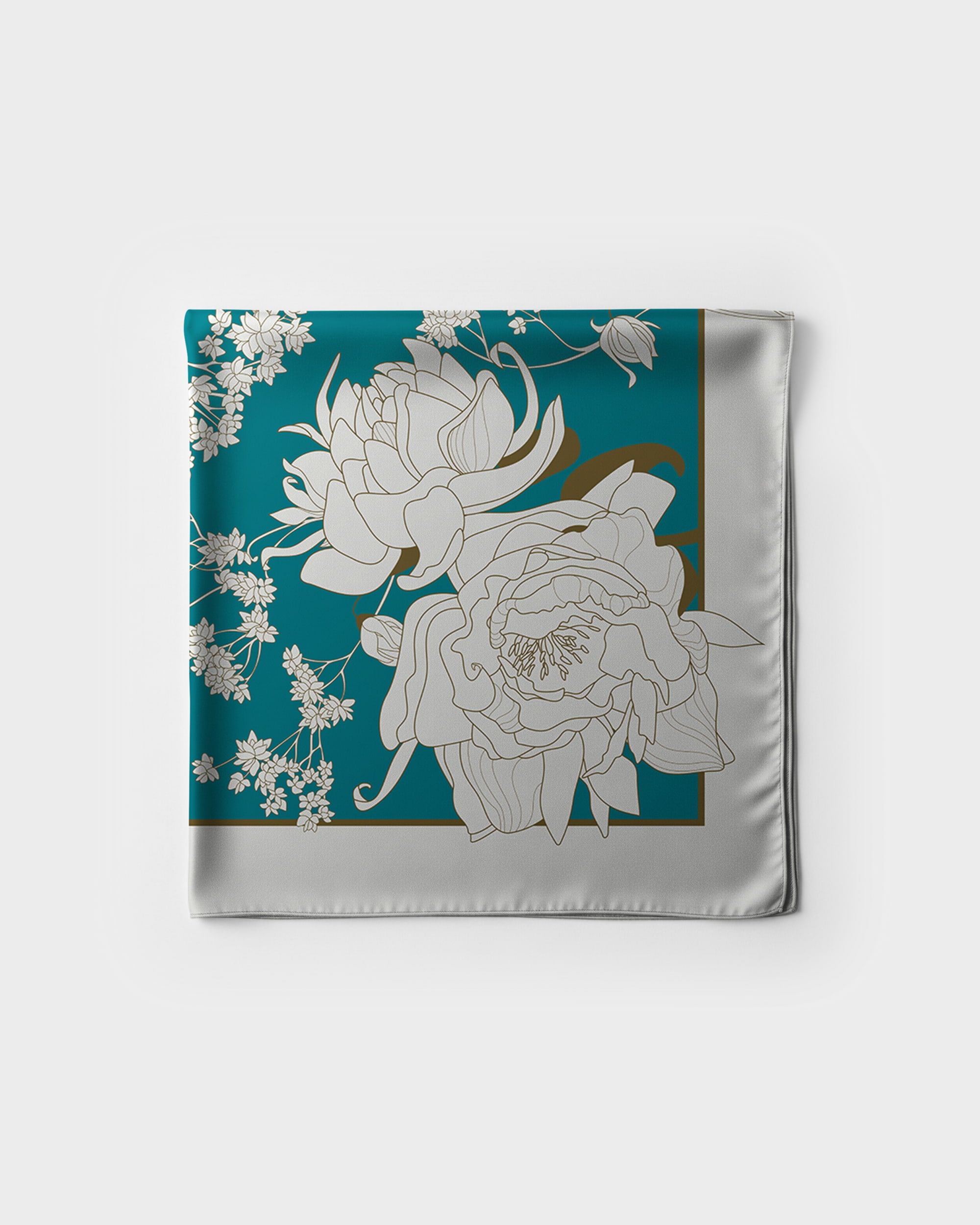 Floral print on a teal and silver square silk scarf