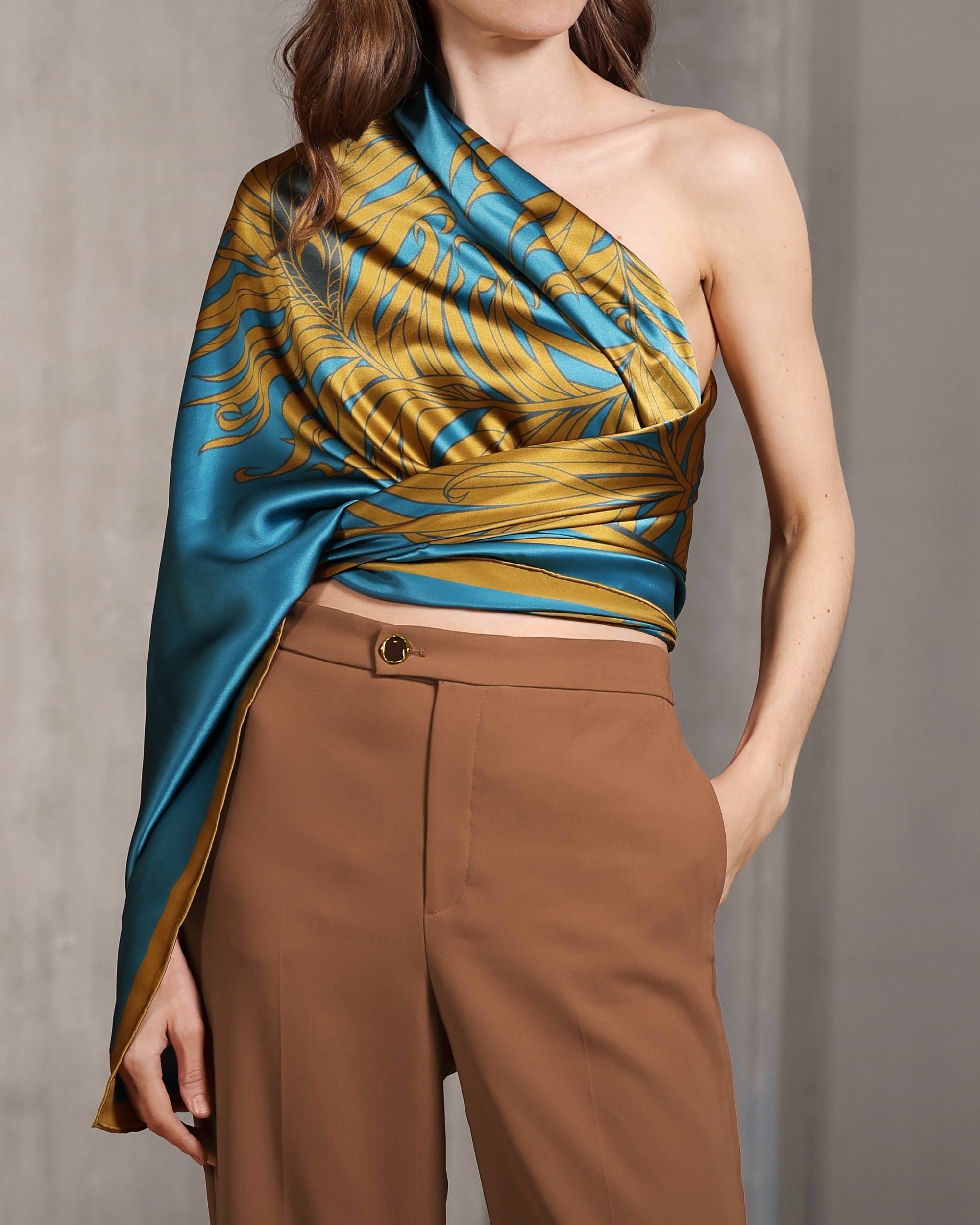 Turquoise feather silk foulard 55"