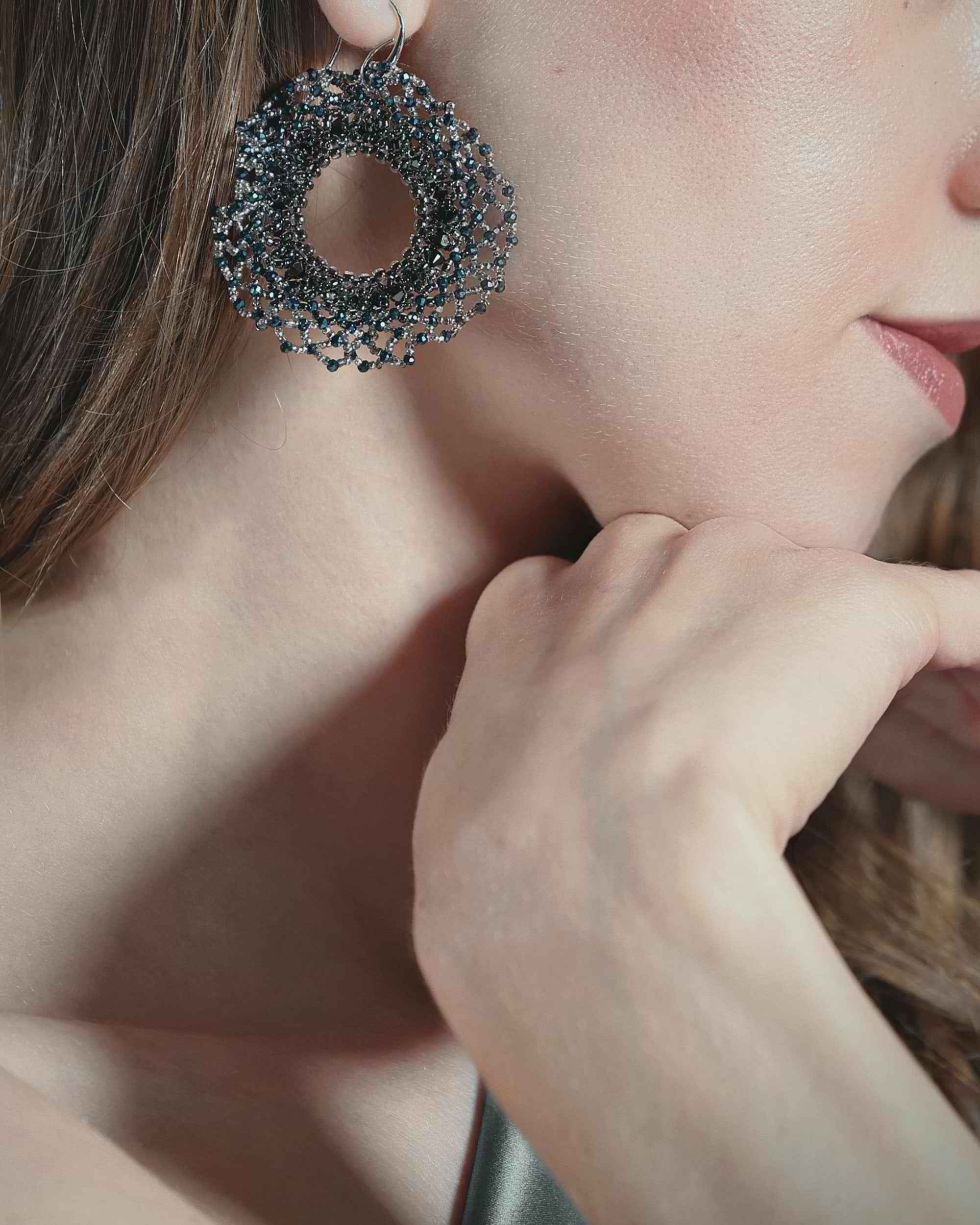 Round beaded earrings with crystals