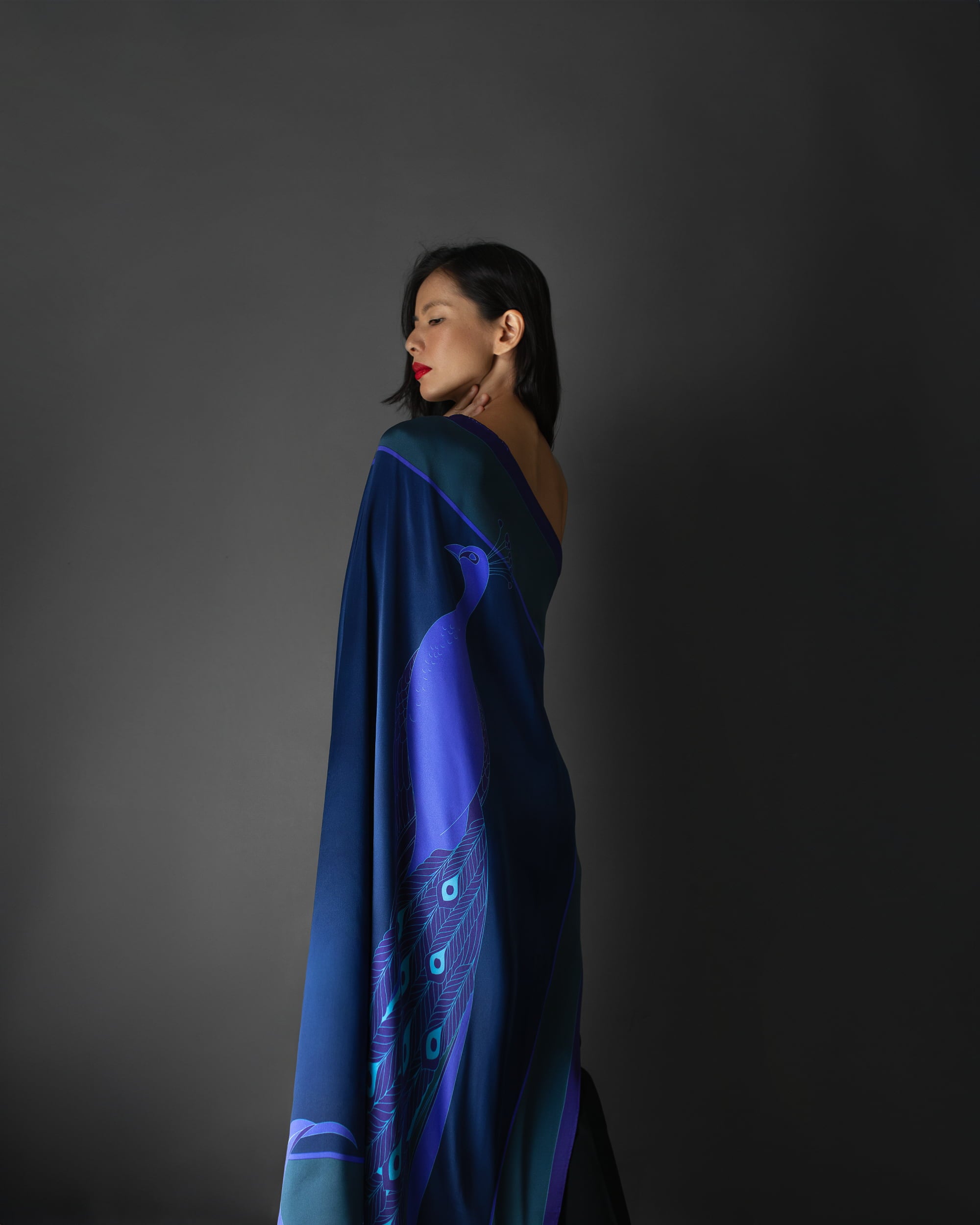 Dark sapphire peacock silk foulard 43"