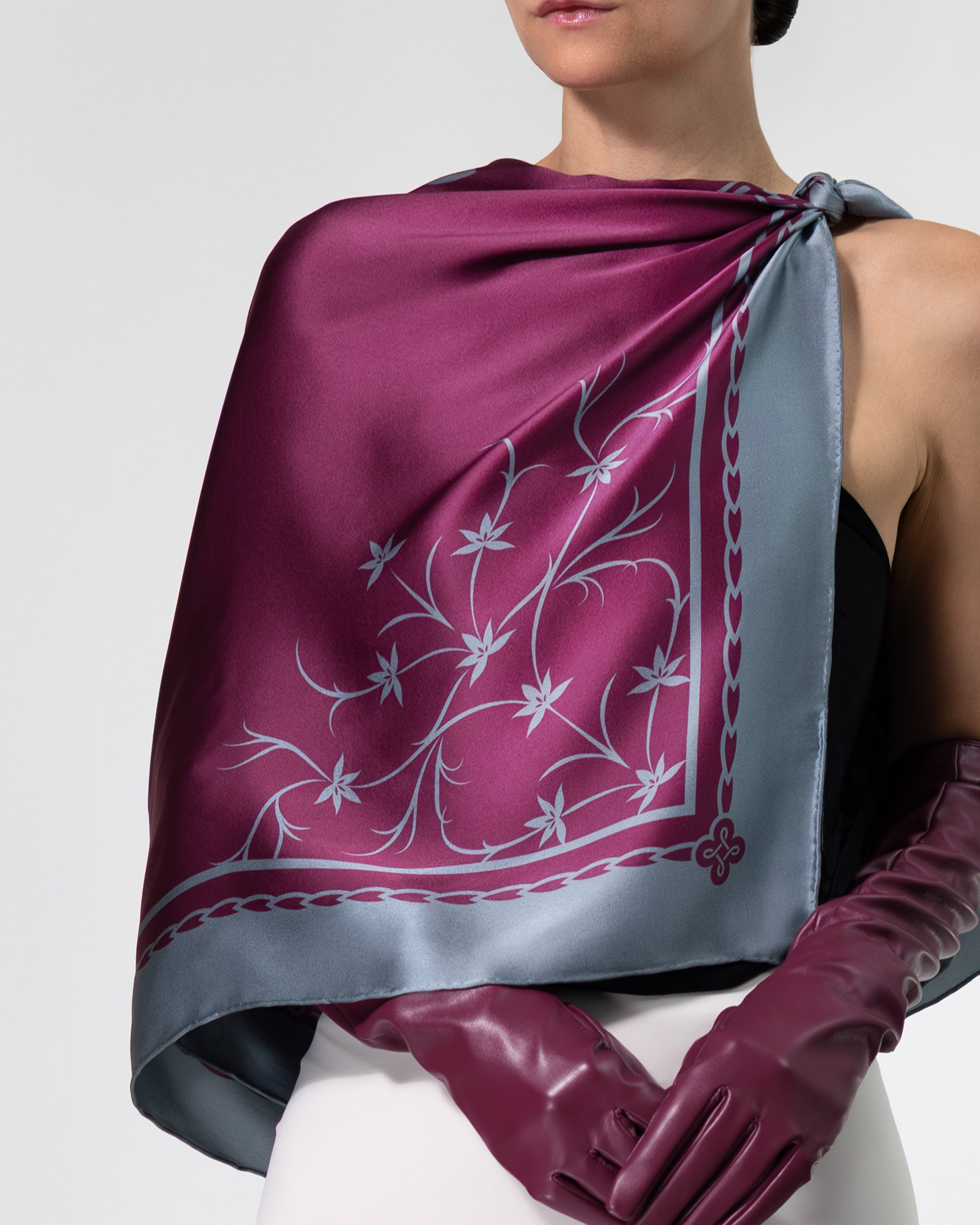 Amaranth purple ornamental silk scarf  | 43 x 43 in