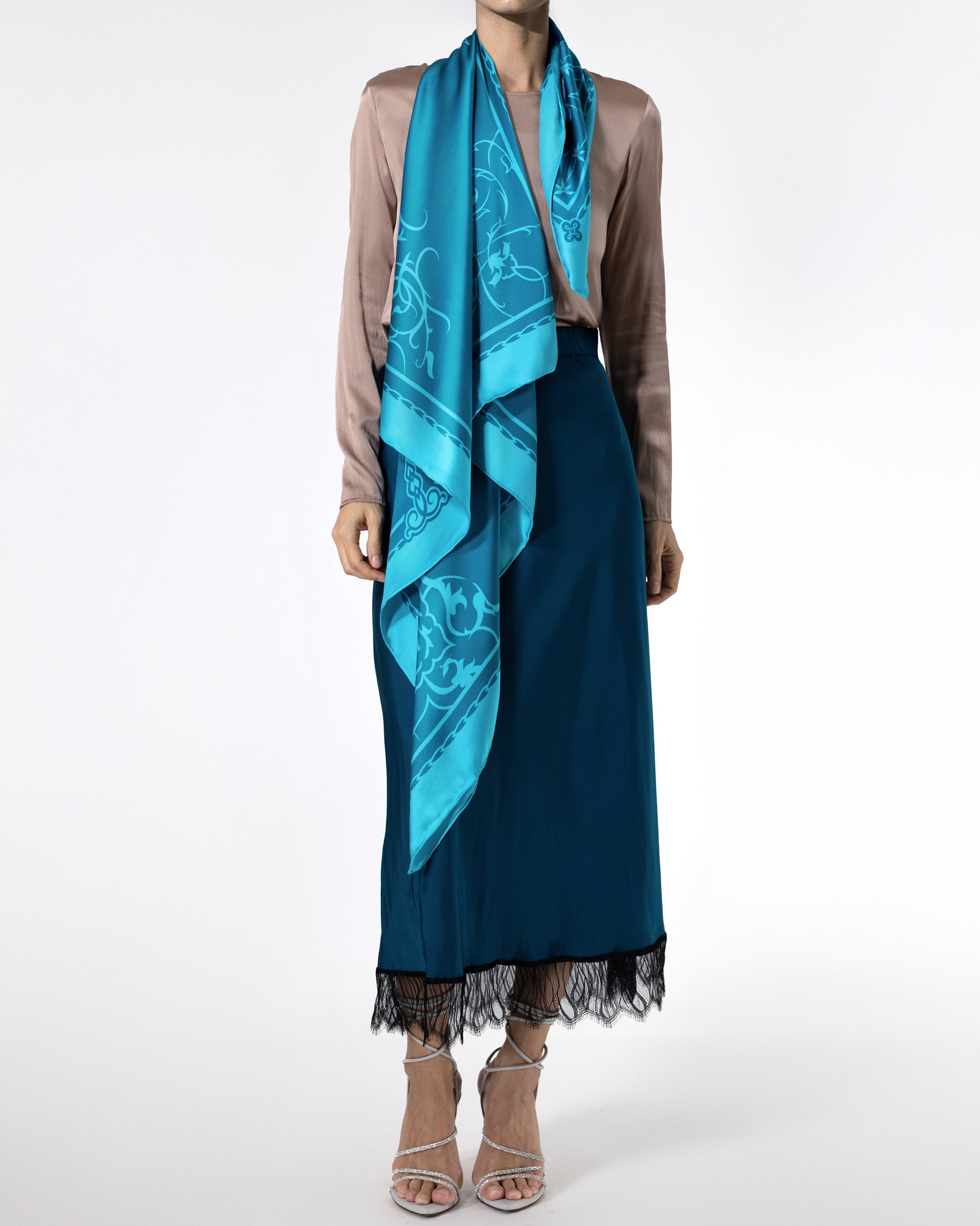 Arctic blue ornamental silk scarf | 43 in x 43 in