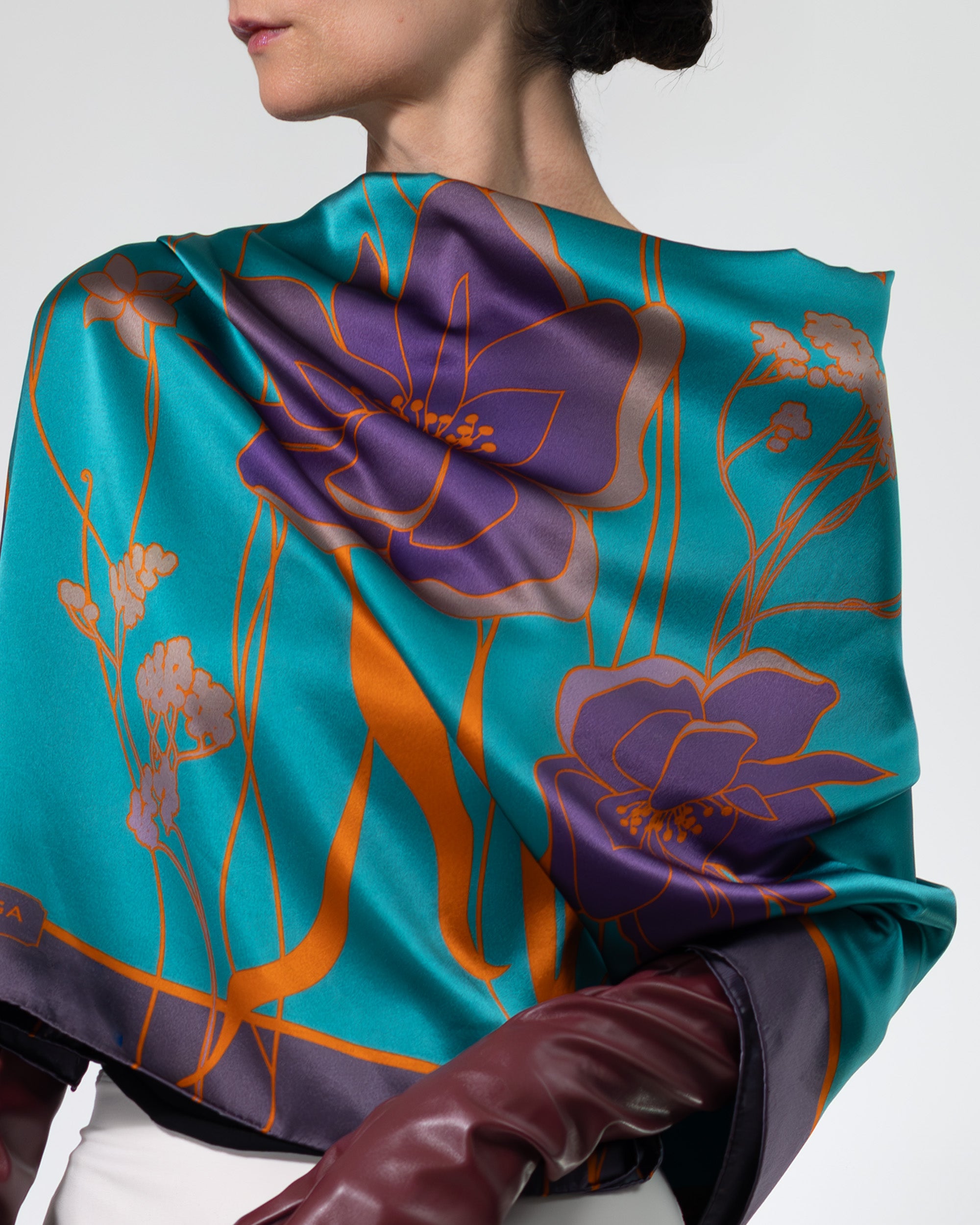 Pine green floral silk scarf | 43 x 43 in