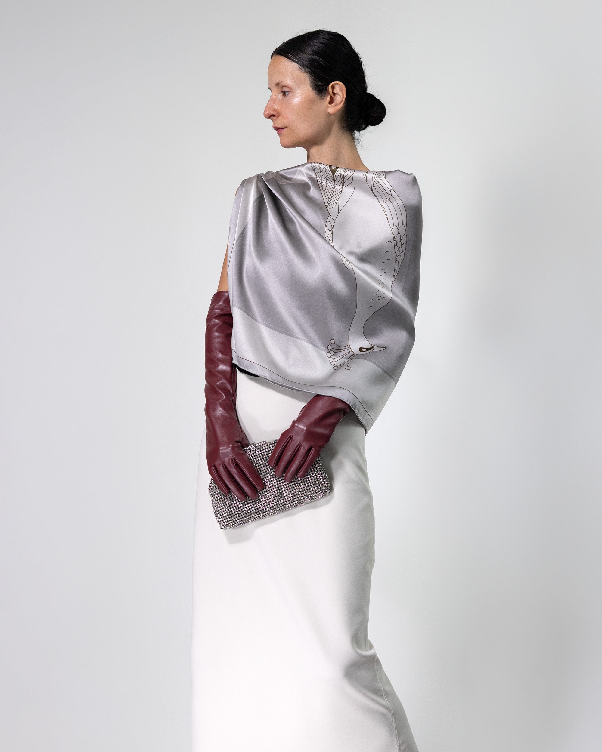 Platinum grey peacock silk scarf | 43 in x 43 in | RENTAL