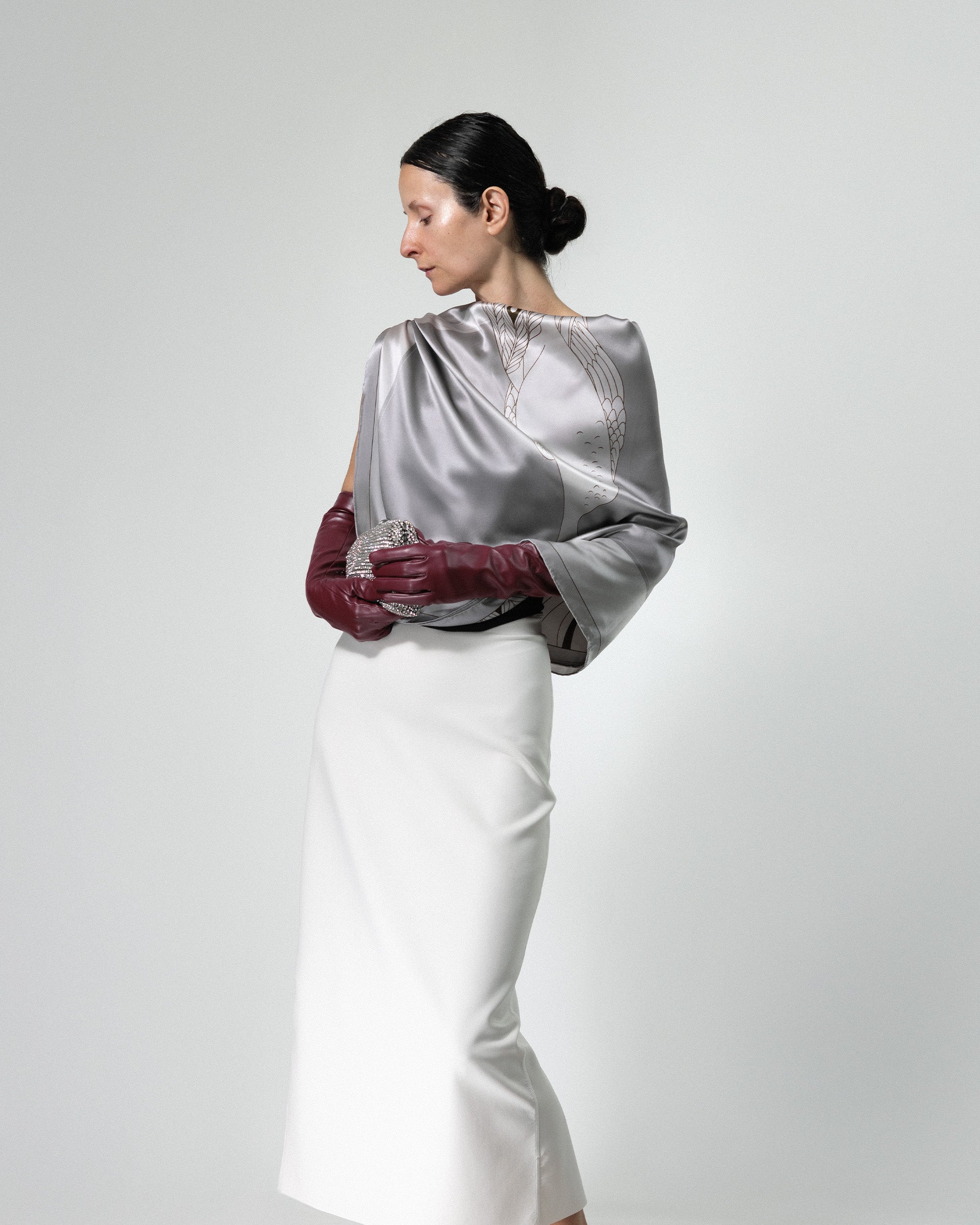 Platinum grey peacock silk scarf | 43 x 43 in