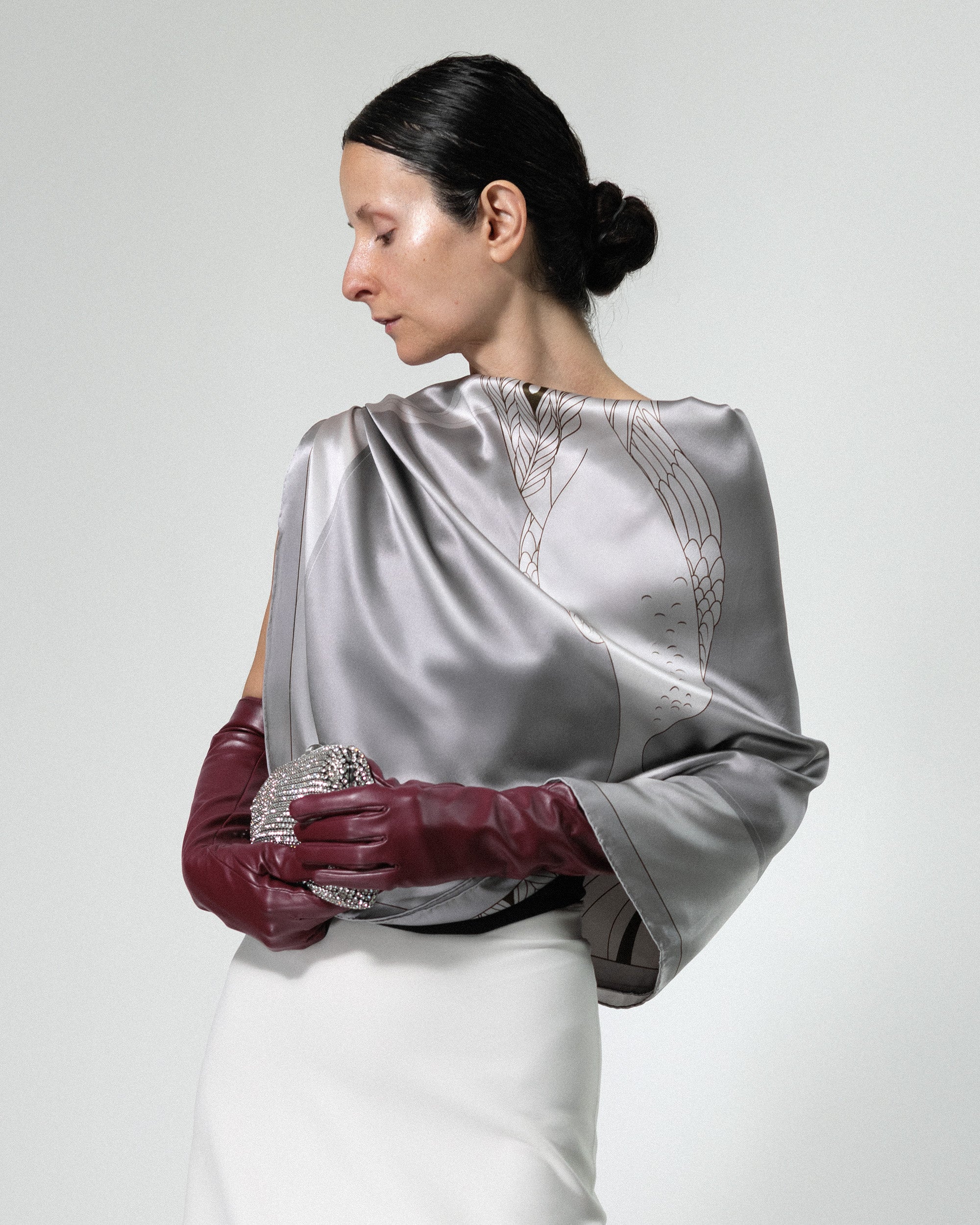 Platinum grey peacock silk scarf | 43 x 43 in