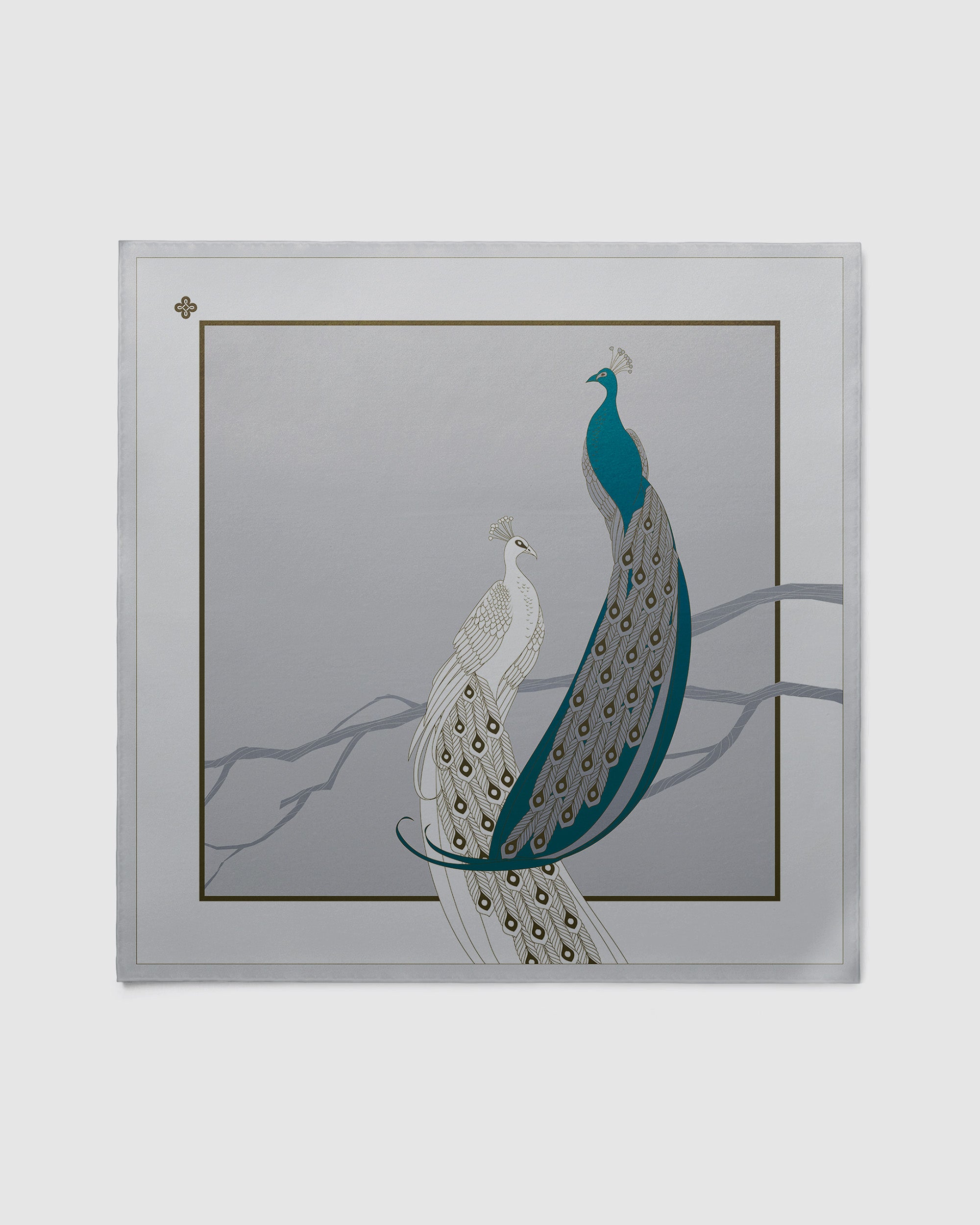 Platinum grey peacock silk scarf | 55 in x 55 in