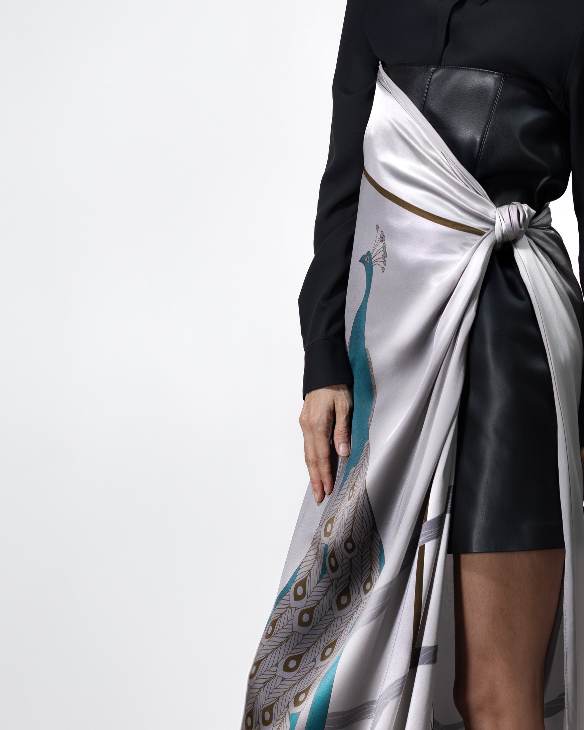 Platinum grey peacock silk scarf | 55 in x 55 in