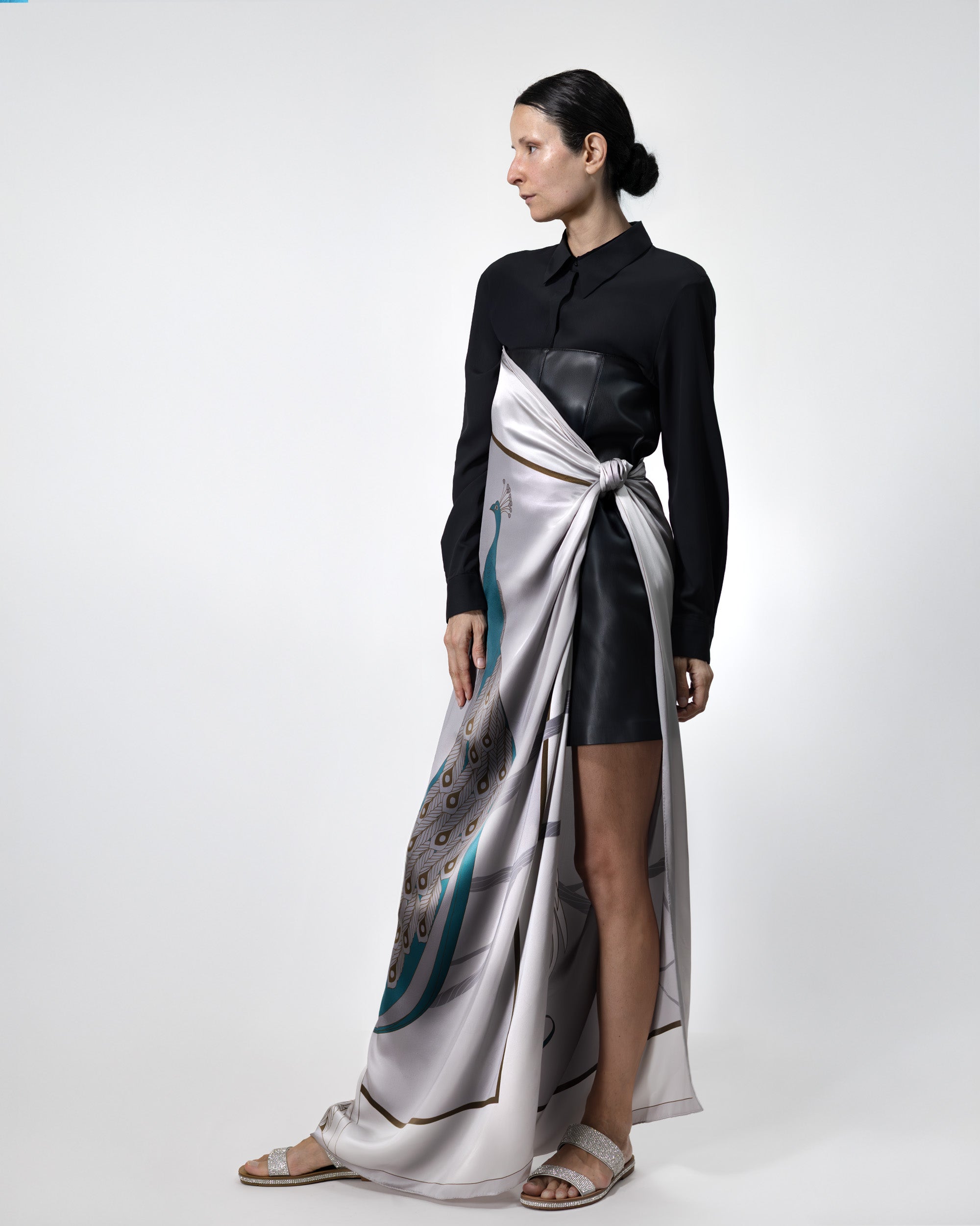 Platinum grey peacock silk scarf | 55 in x 55 in