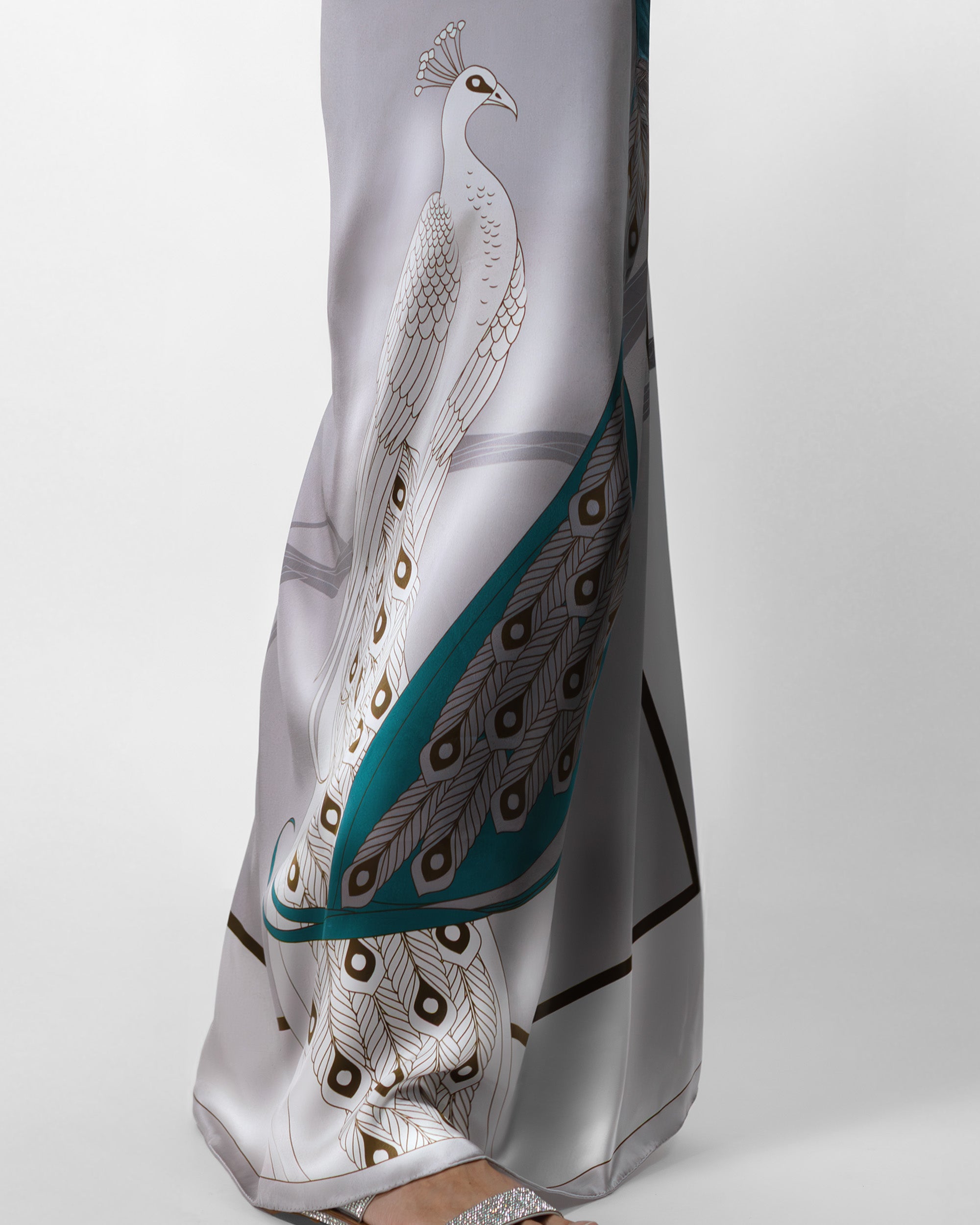 Platinum grey peacock silk scarf | 55 in x 55 in