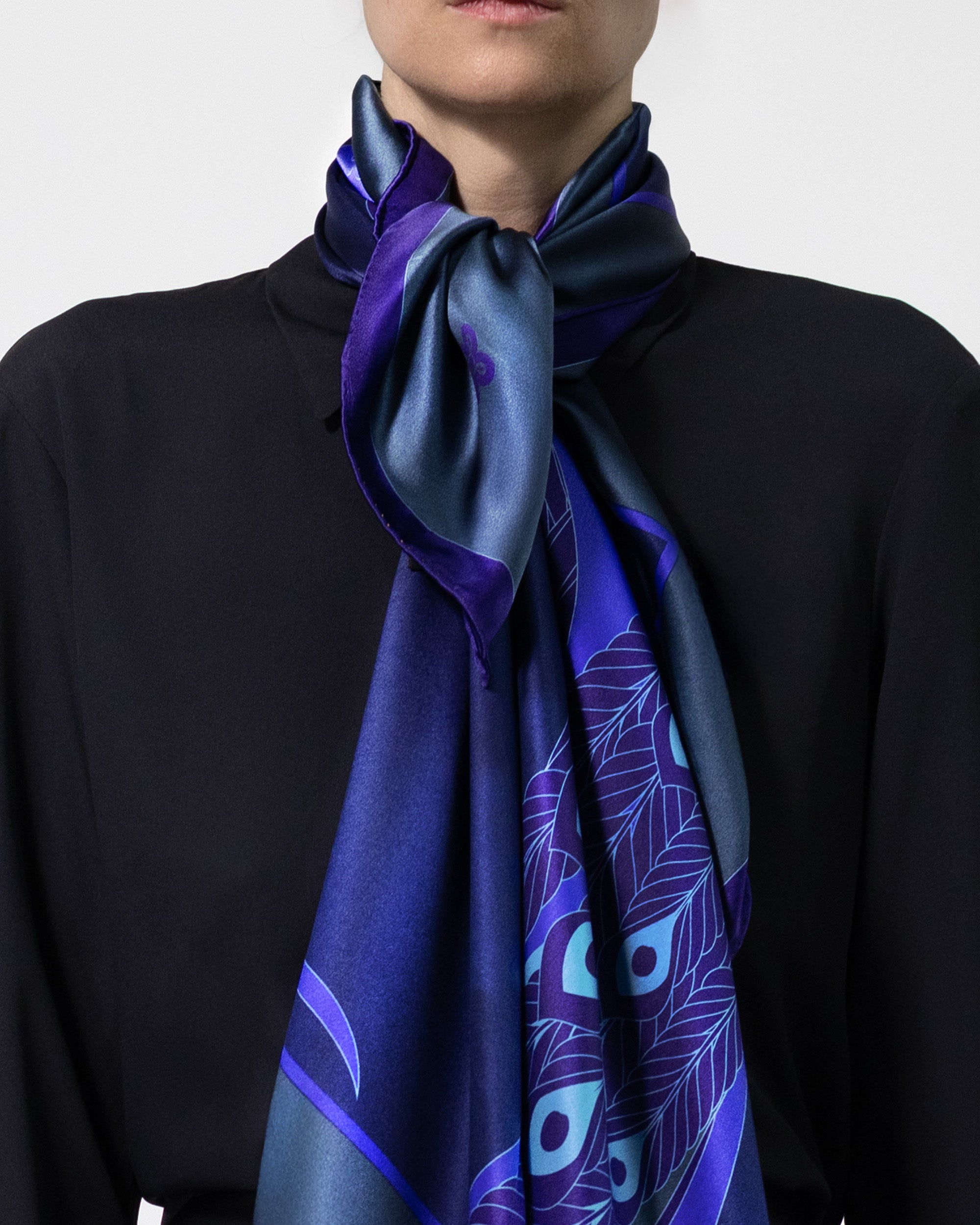 Dark sapphire peacock silk scarf | 43 x 43 in