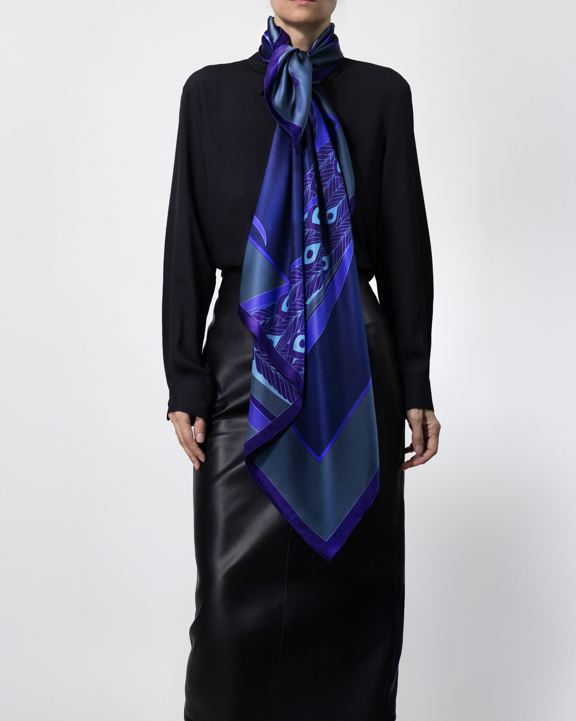 Dark sapphire peacock silk scarf | 43 x 43 in