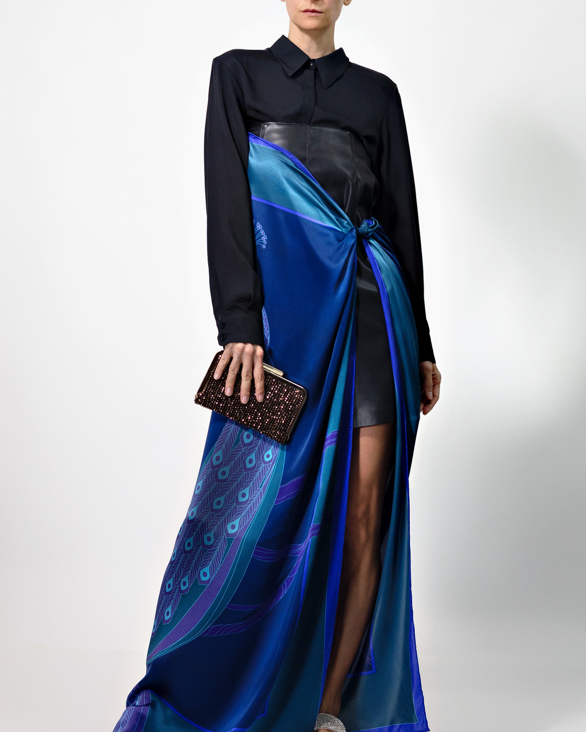 Dark sapphire peacock silk scarf | 55 x 55 in