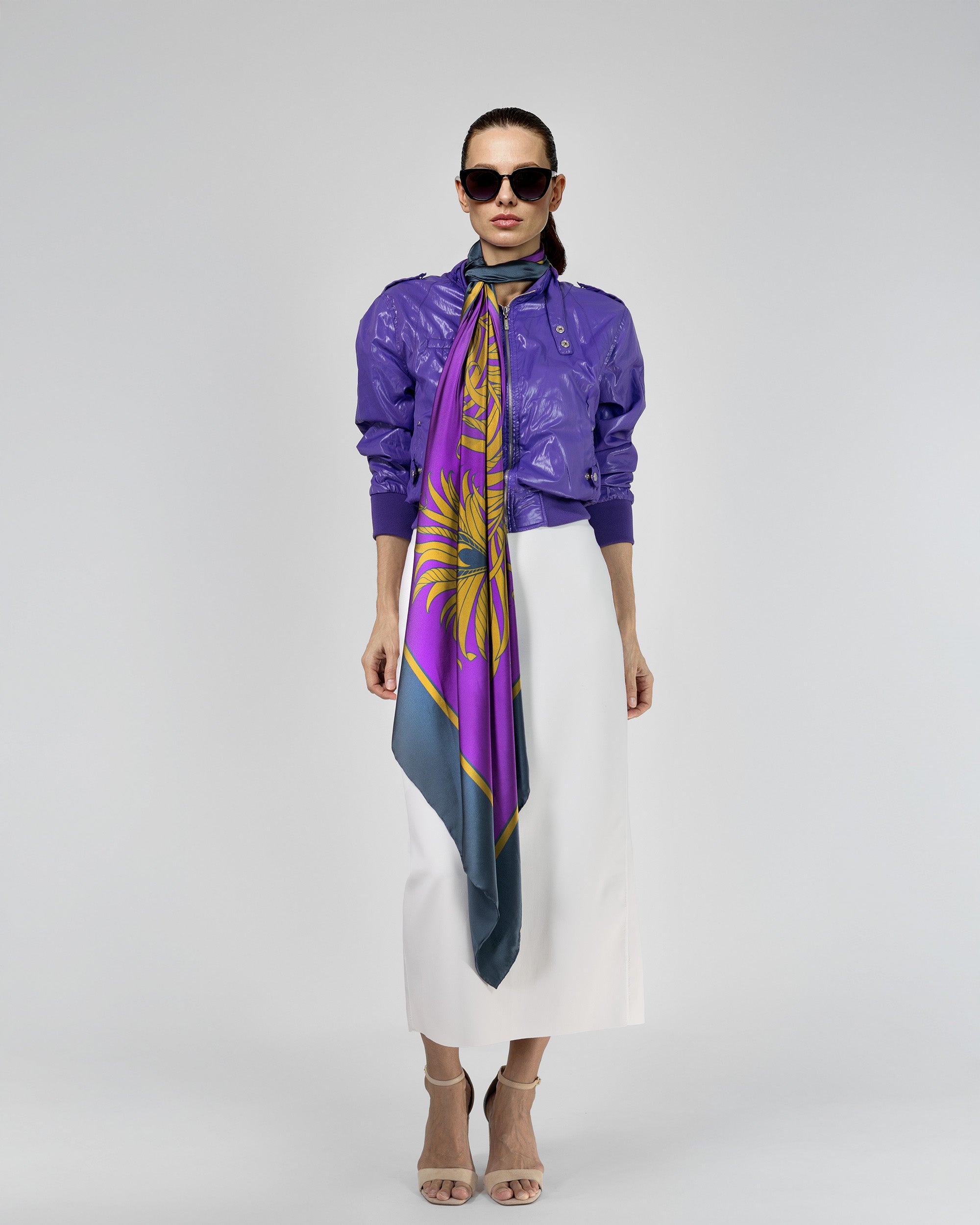 Imperial purple feather silk scarf | 55 in x 55 in