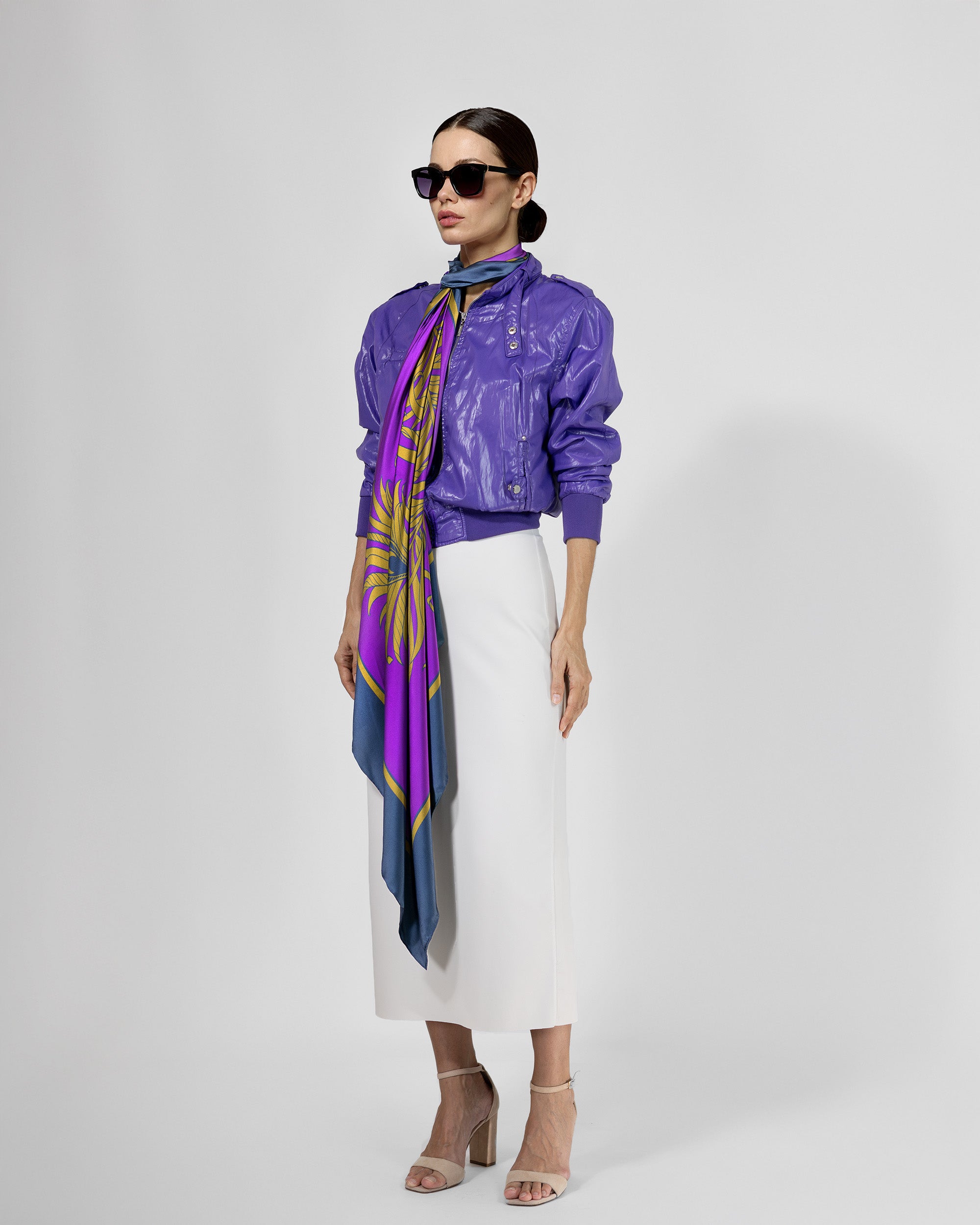 Imperial purple feather silk scarf | 55 in x 55 in
