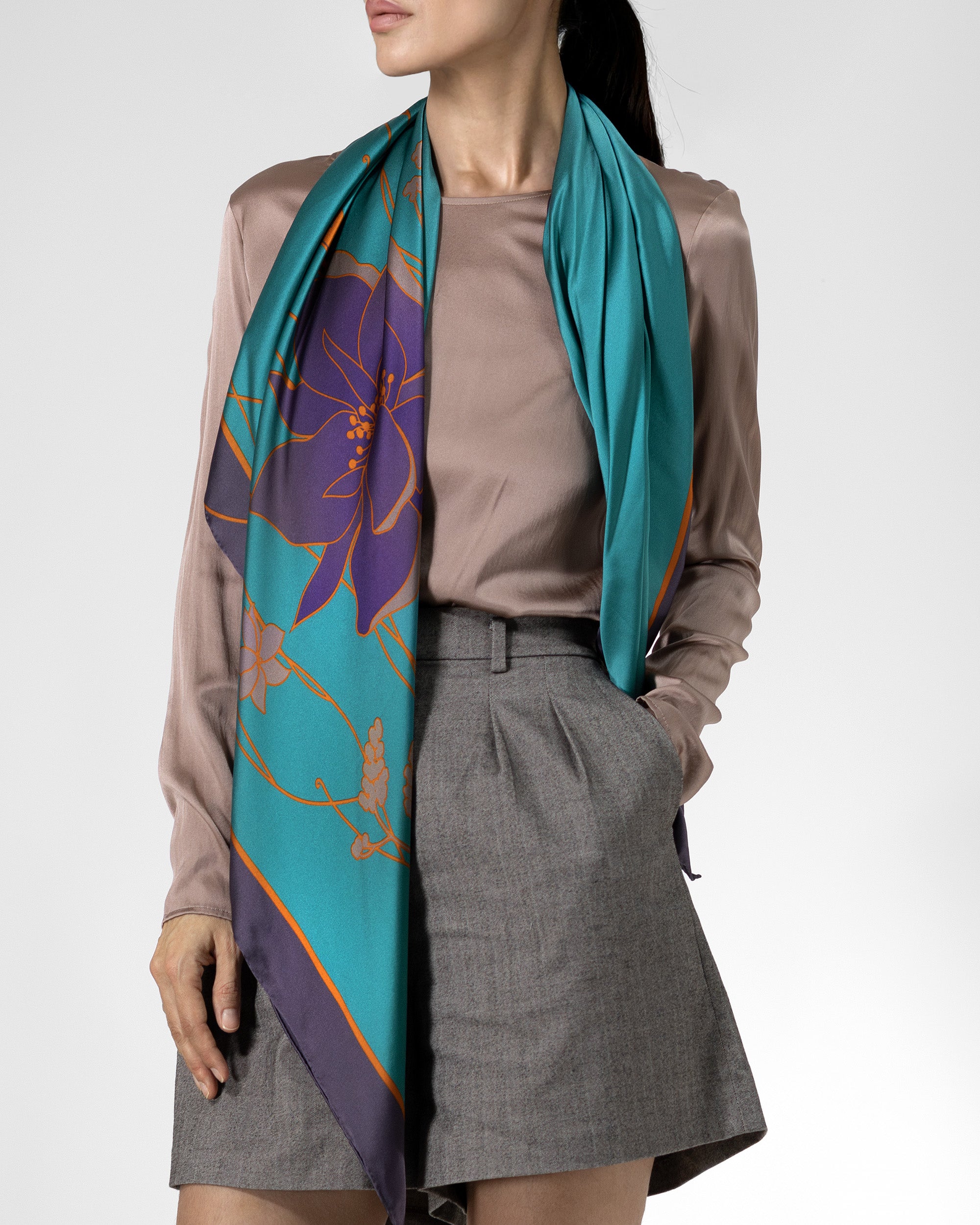 Pine green floral silk scarf | 43 in x 43 in