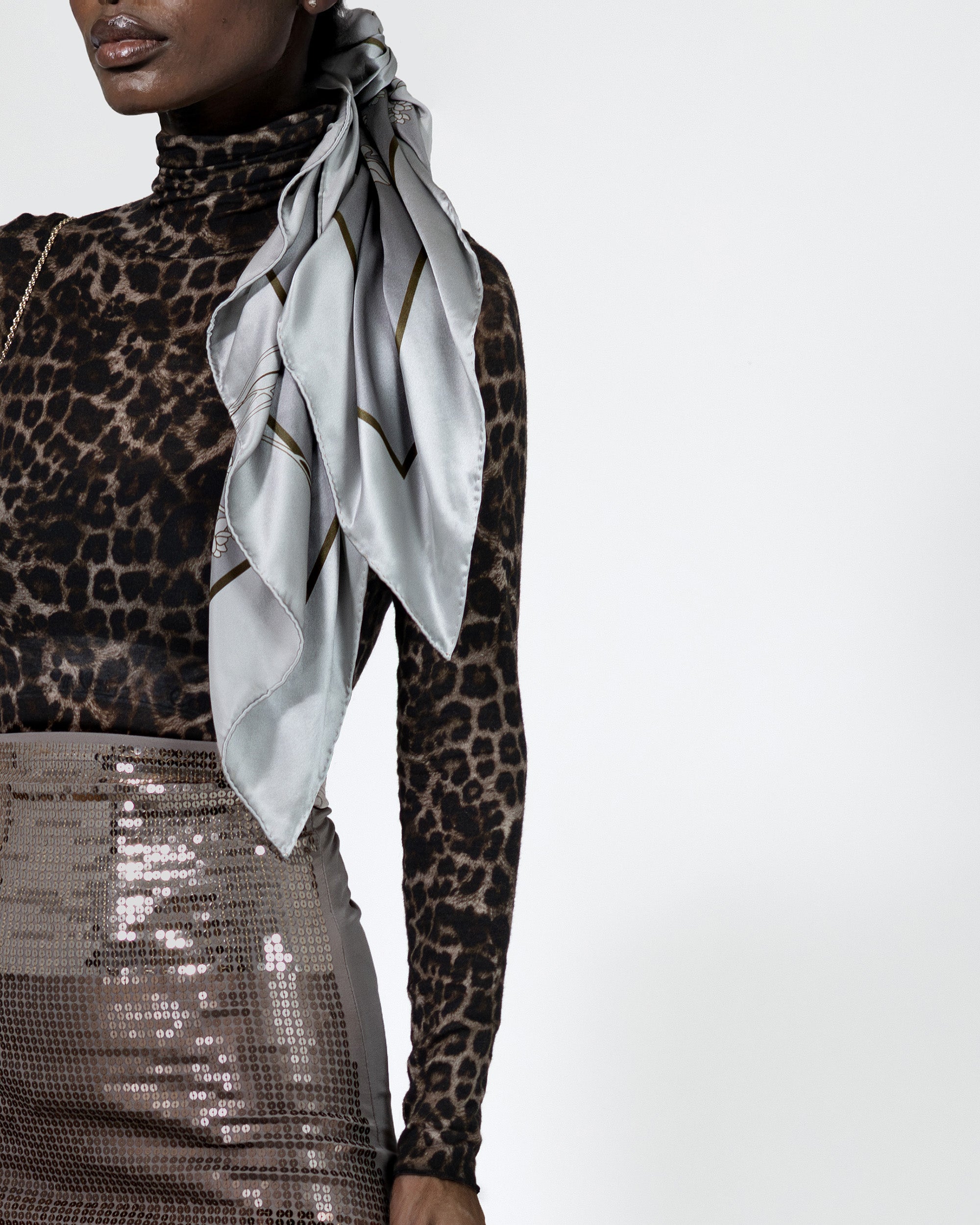 Silver floral silk scarf | 35 in x 35 in