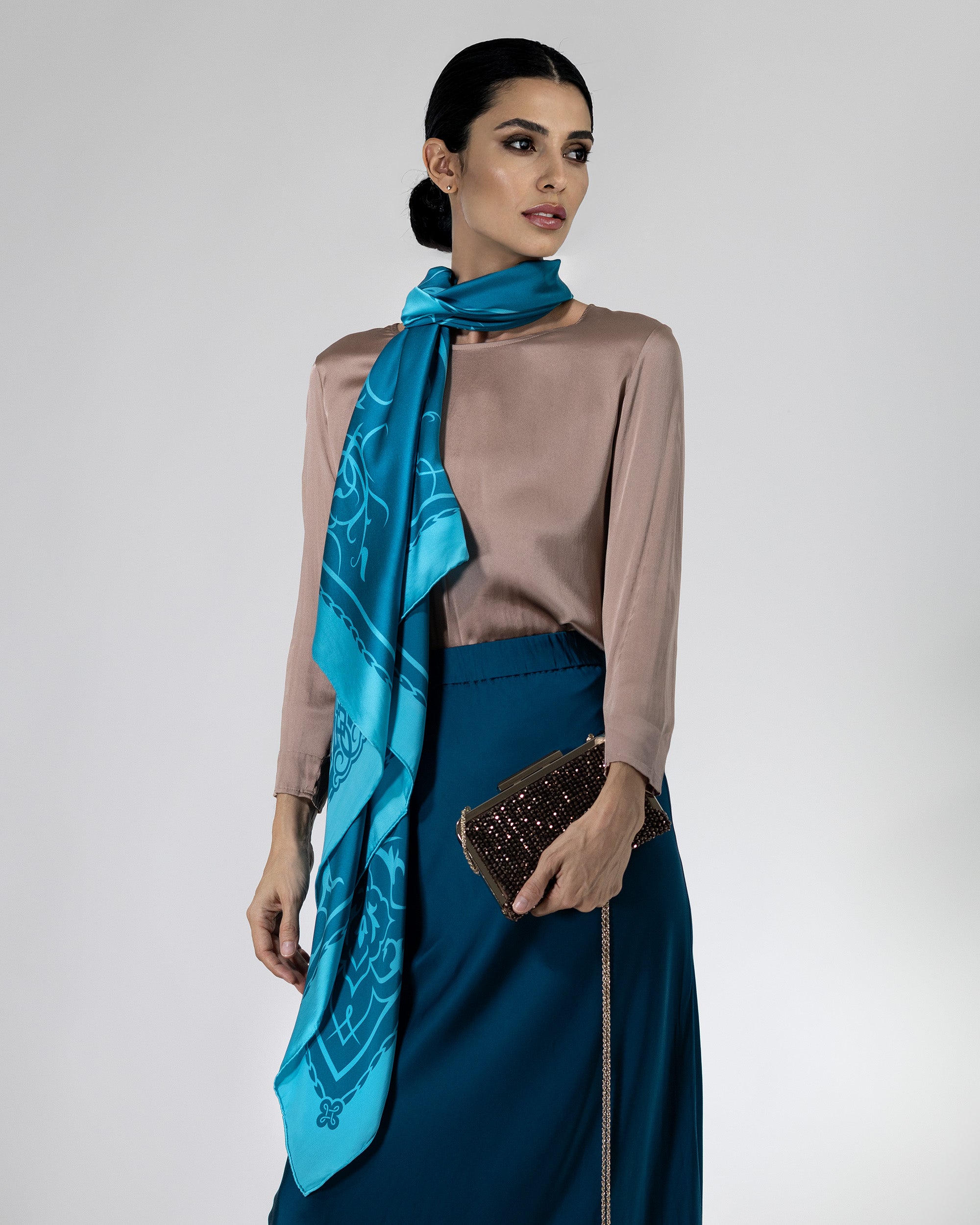 Arctic blue ornamental silk scarf | 43 in x 43 in