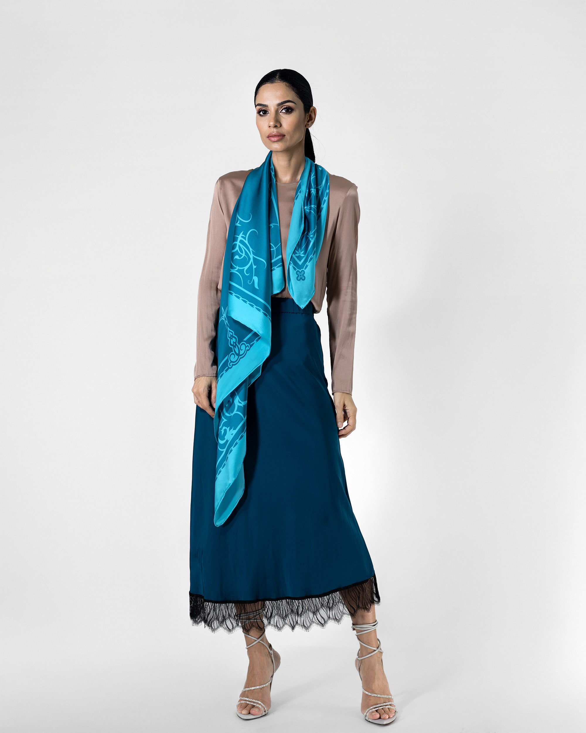 Arctic blue ornamental silk scarf | 43 in x 43 in