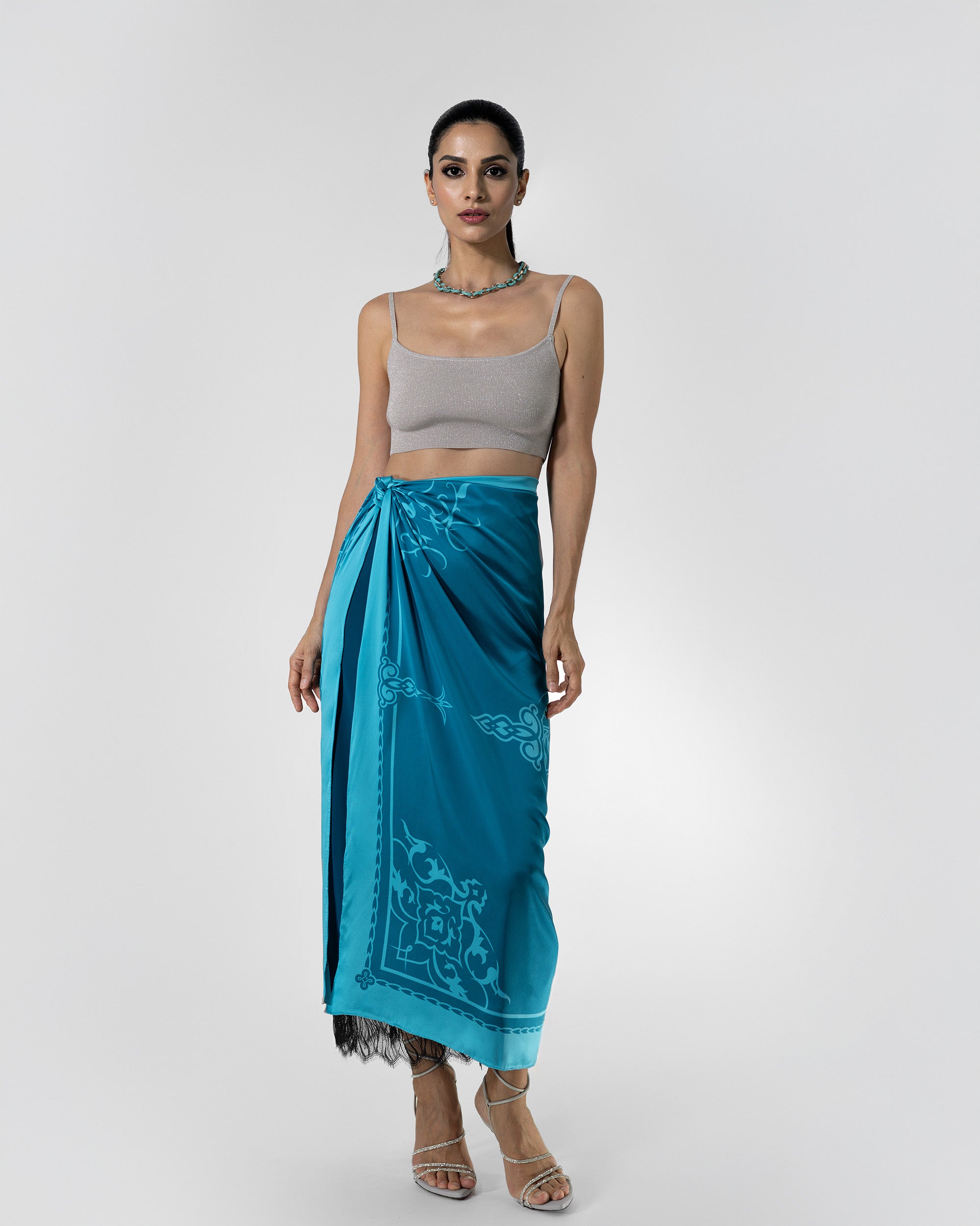 Arctic blue ornamental silk scarf | 43 in x 43 in