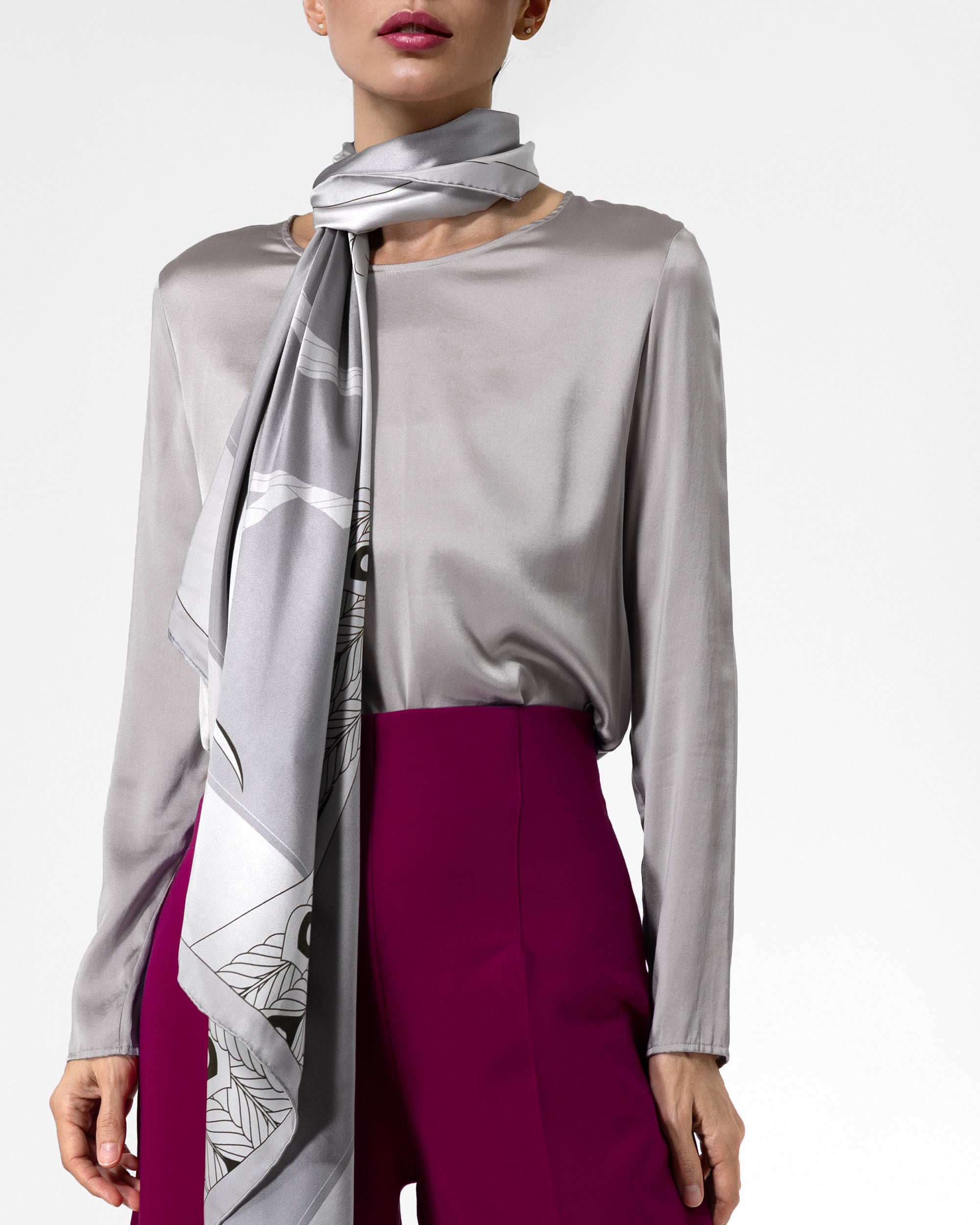 Platinum grey peacock silk scarf | 43 in x 43 in