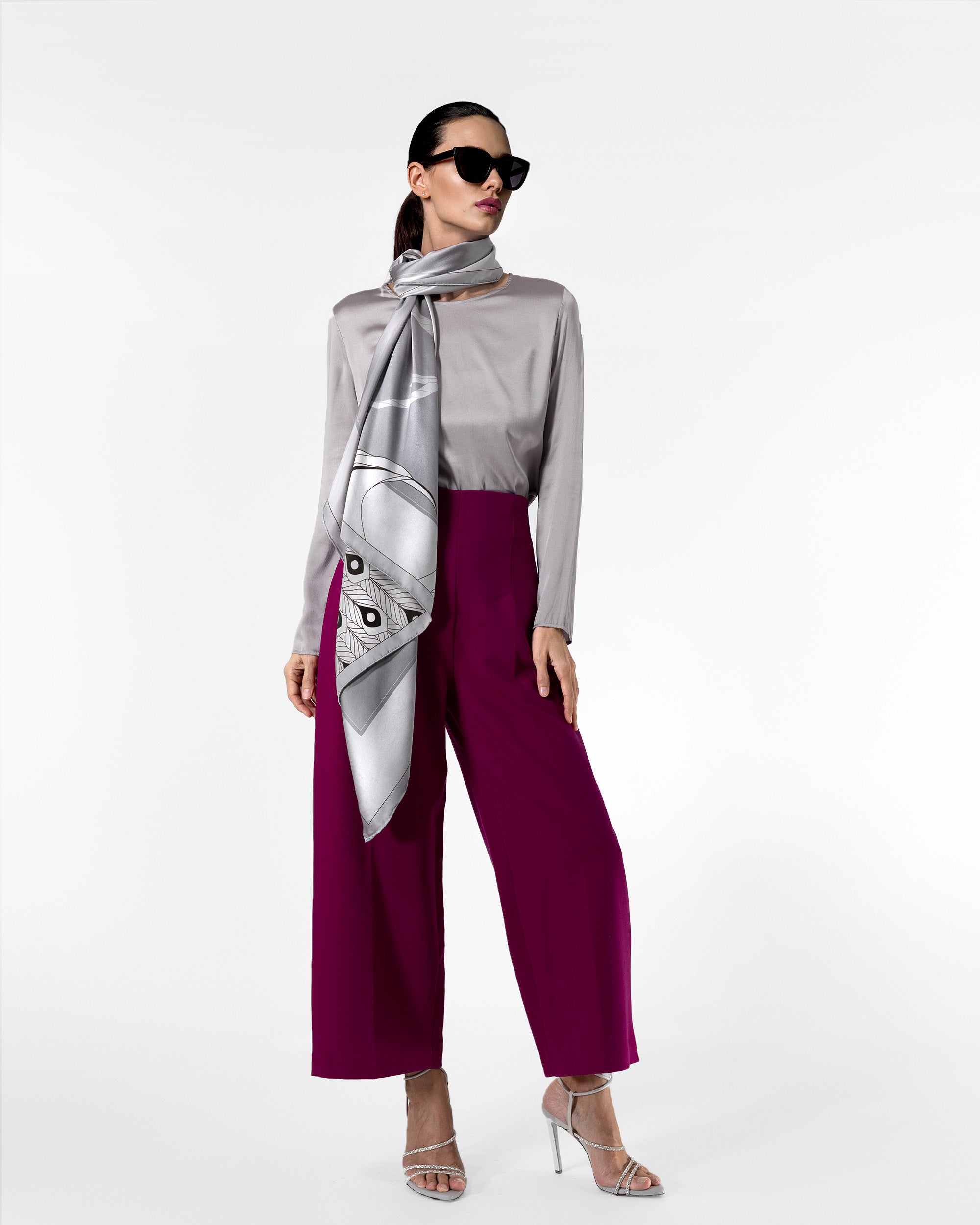 Platinum grey peacock silk scarf | 43 in x 43 in
