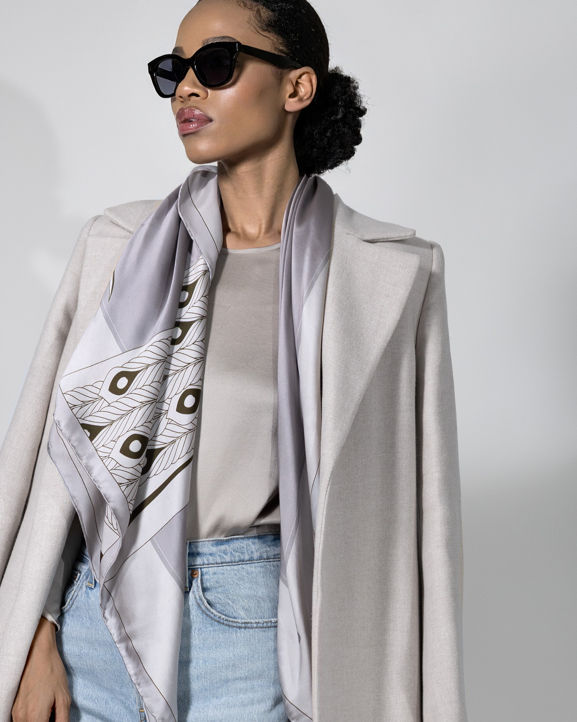 Platinum grey peacock silk scarf | 43 in x 43 in